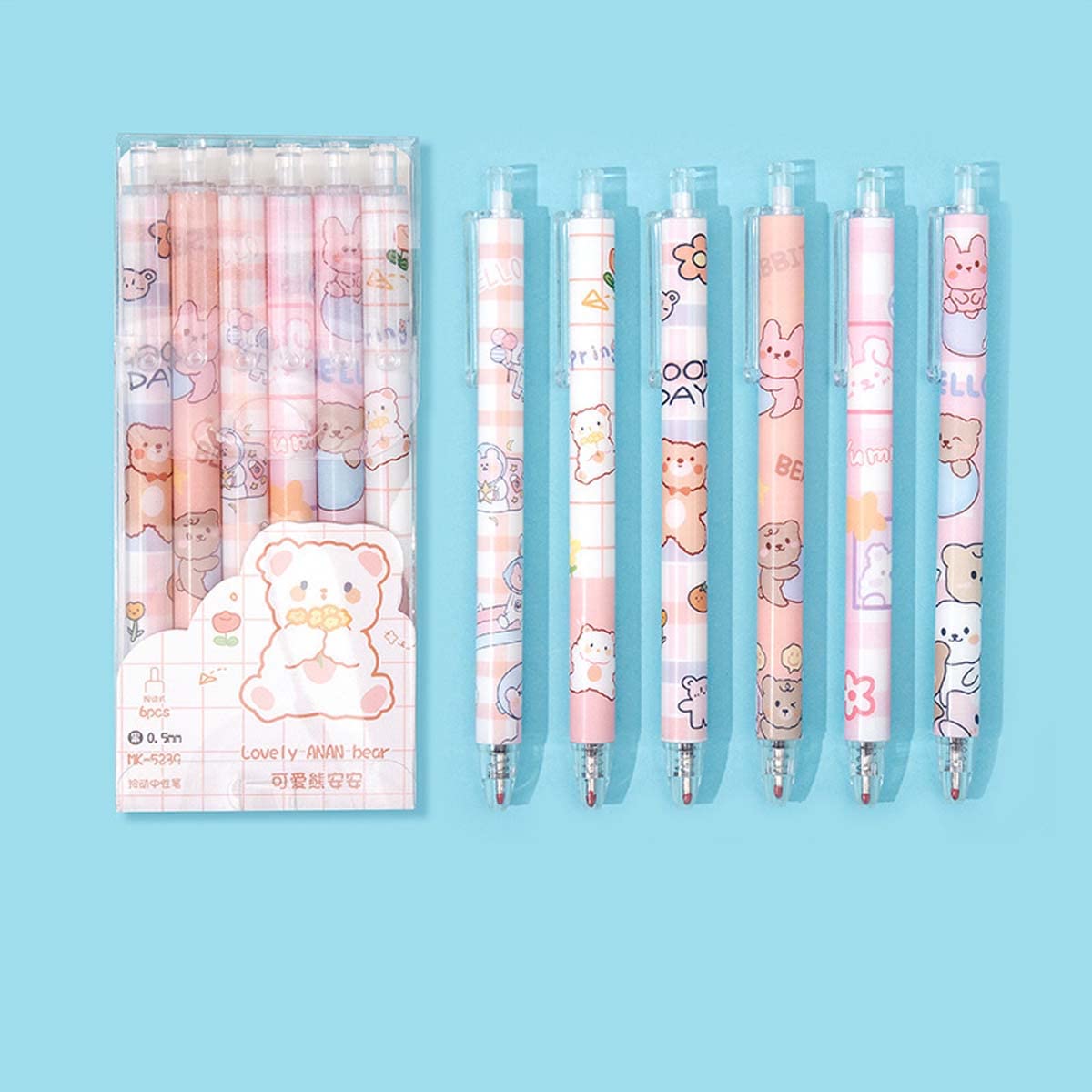 Kawaii Cartoon Gel Pen 0.5mm - 6 Pack Black Writing Pens for School & Office