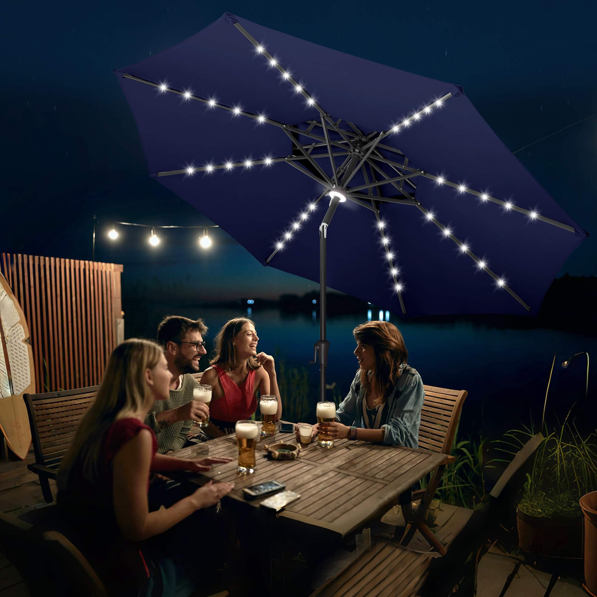 FLAME&SHADE 9ft Solar Powered LED Patio Umbrella with Tilt - Navy Blue Outdoor Market Table Umbrella for Poolside, Garden, and Backyard Dining