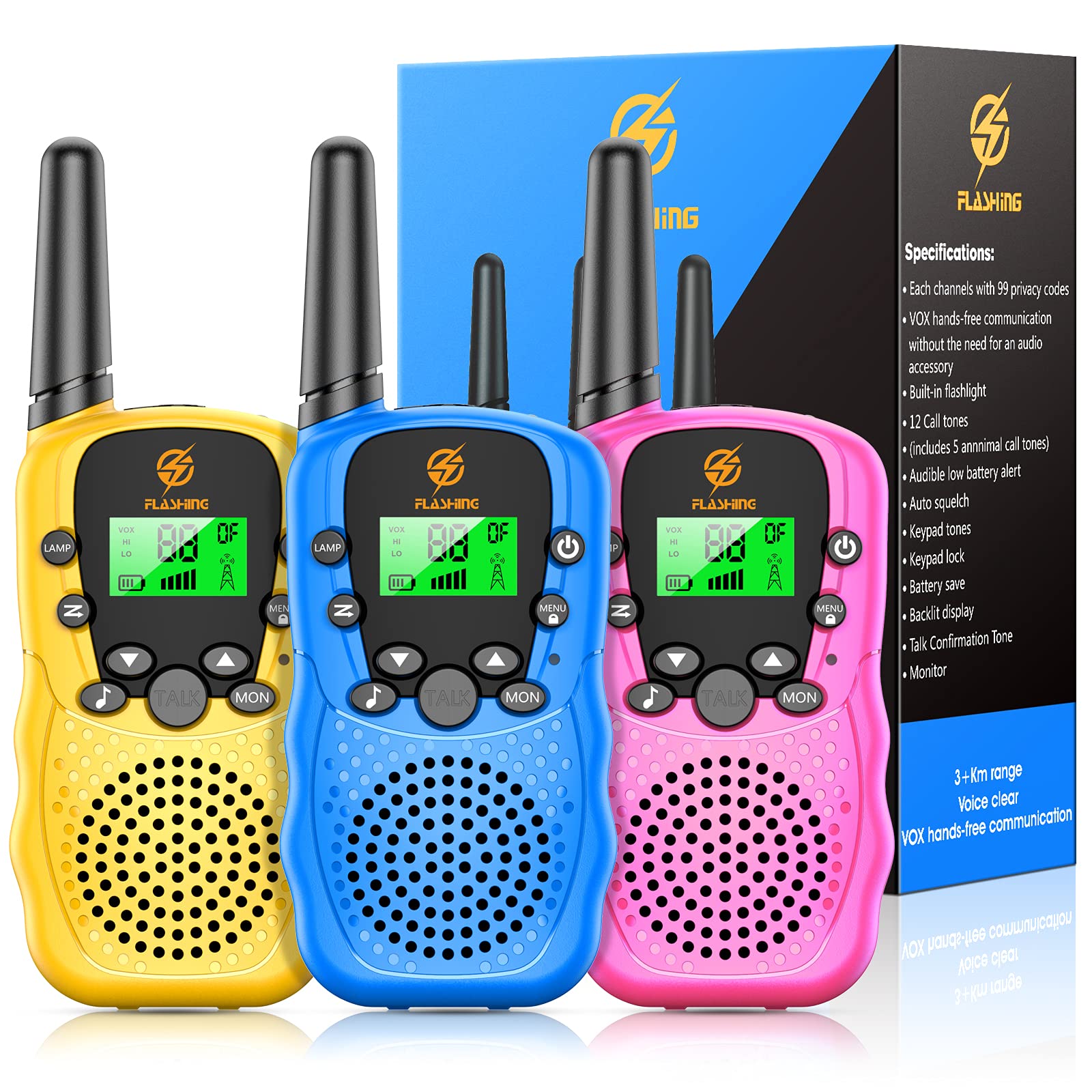 3 Pack Kids Walkie Talkies - Long Range Two Way Radios for Boys & Girls Ages 3-9 | Outdoor Adventure Toys, Easter & Birthday Gifts for Children | Perfect for Camping, Hiking & Backyard Play