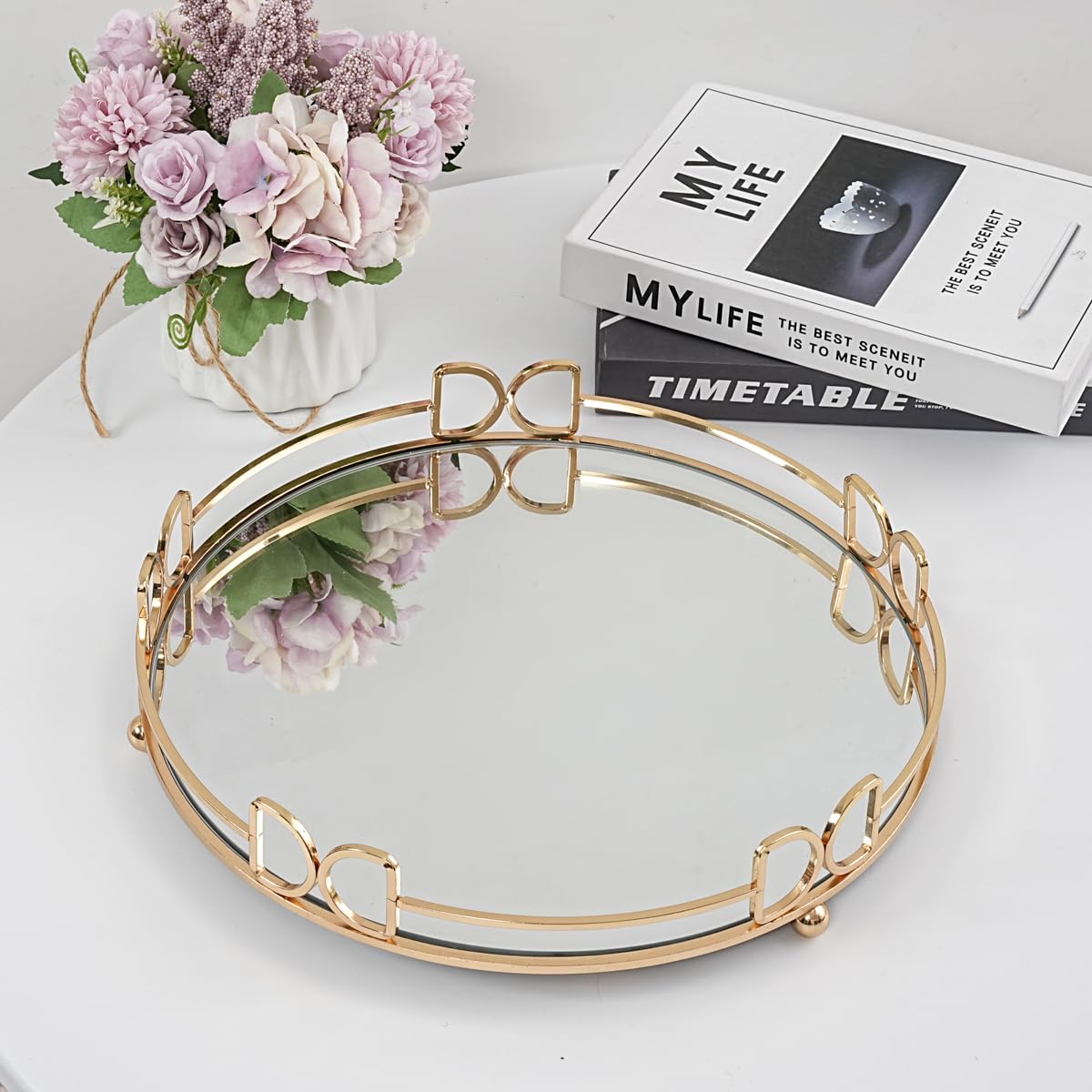 Round Metal Mirror Vanity Tray - Gold Cosmetic & Perfume Organizer for Dresser, Bathroom, Bedroom Countertop - Perfect for Makeup Storage, Jewelry Display & Bath Essentials (13×13 Inches)