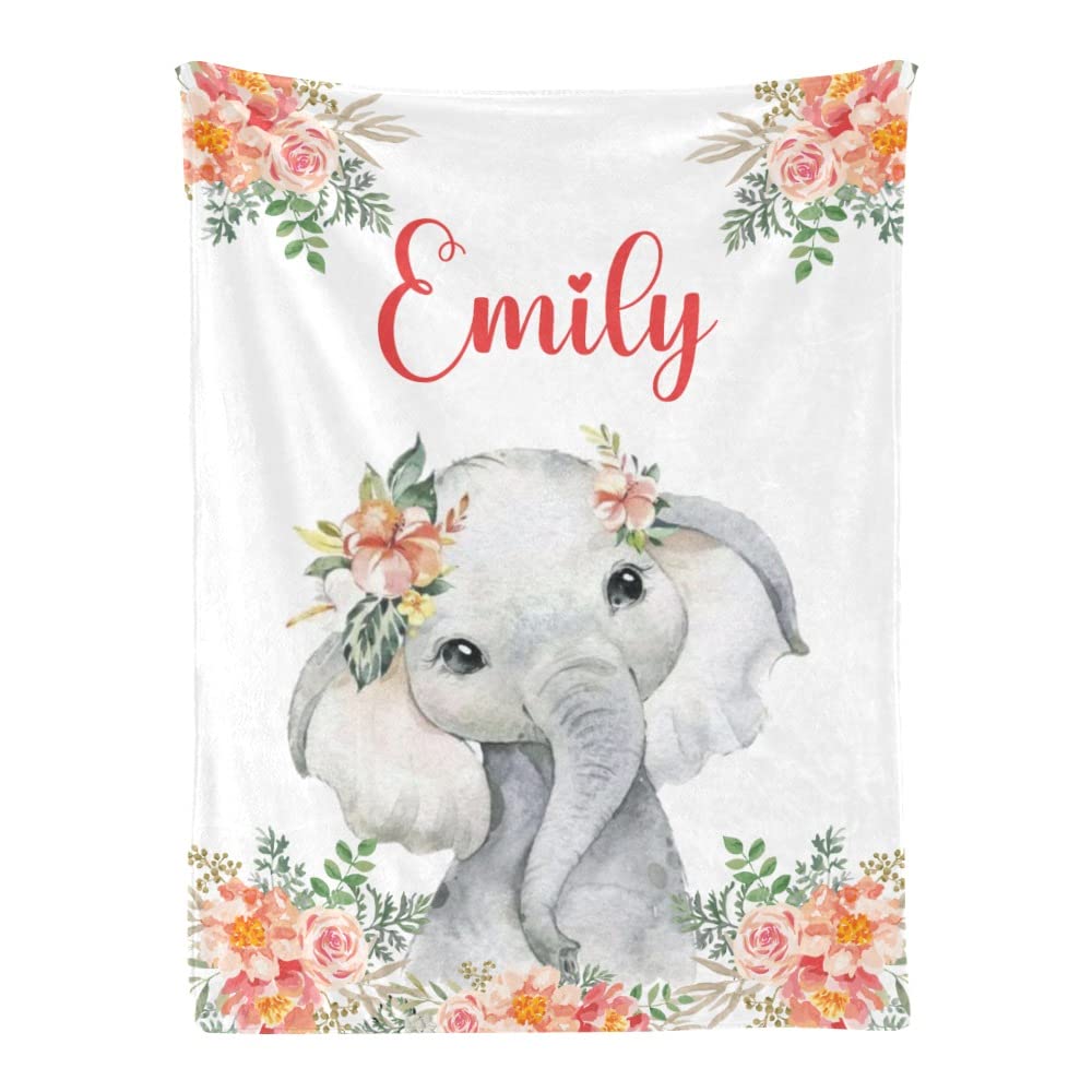 Personalized Baby Blankets with Name - Soft Flannel Elephant Baby Blanket for Girls | Custom Newborn Gift, Nursery Essentials & Baby Shower Present