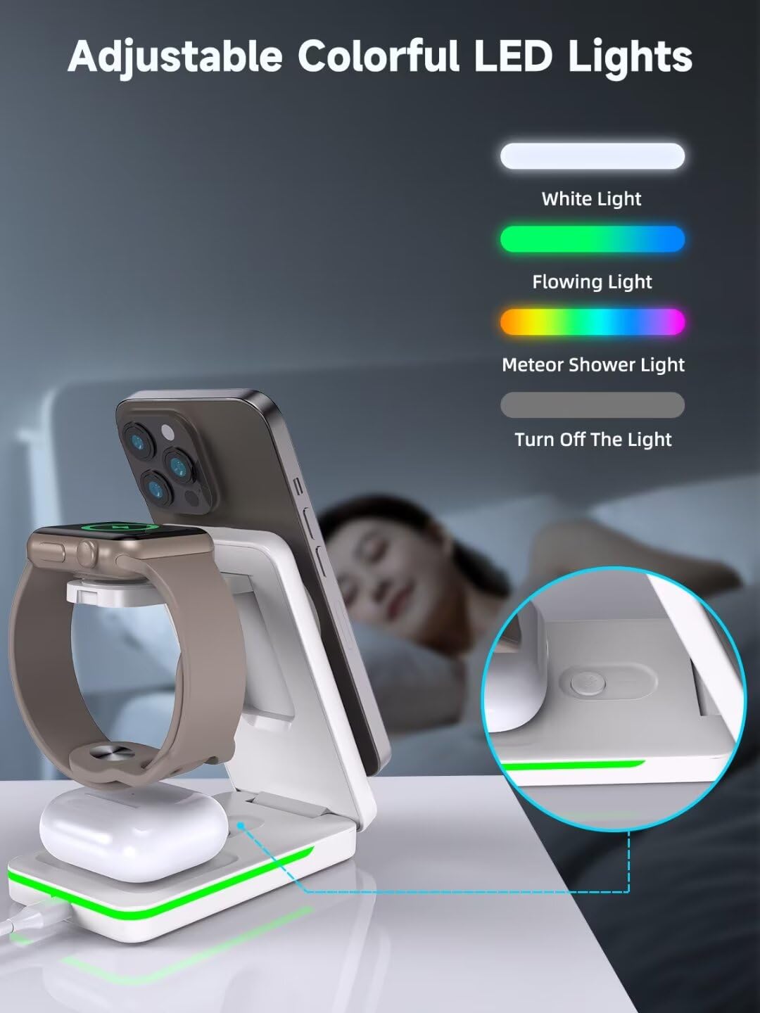 3-in-1 Foldable MagSafe Wireless Charging Station for iPhone 16 Pro Max/15/14/13/12, Apple Watch & AirPods - White | Bedside Nightstand Charger for Home, Office & Travel