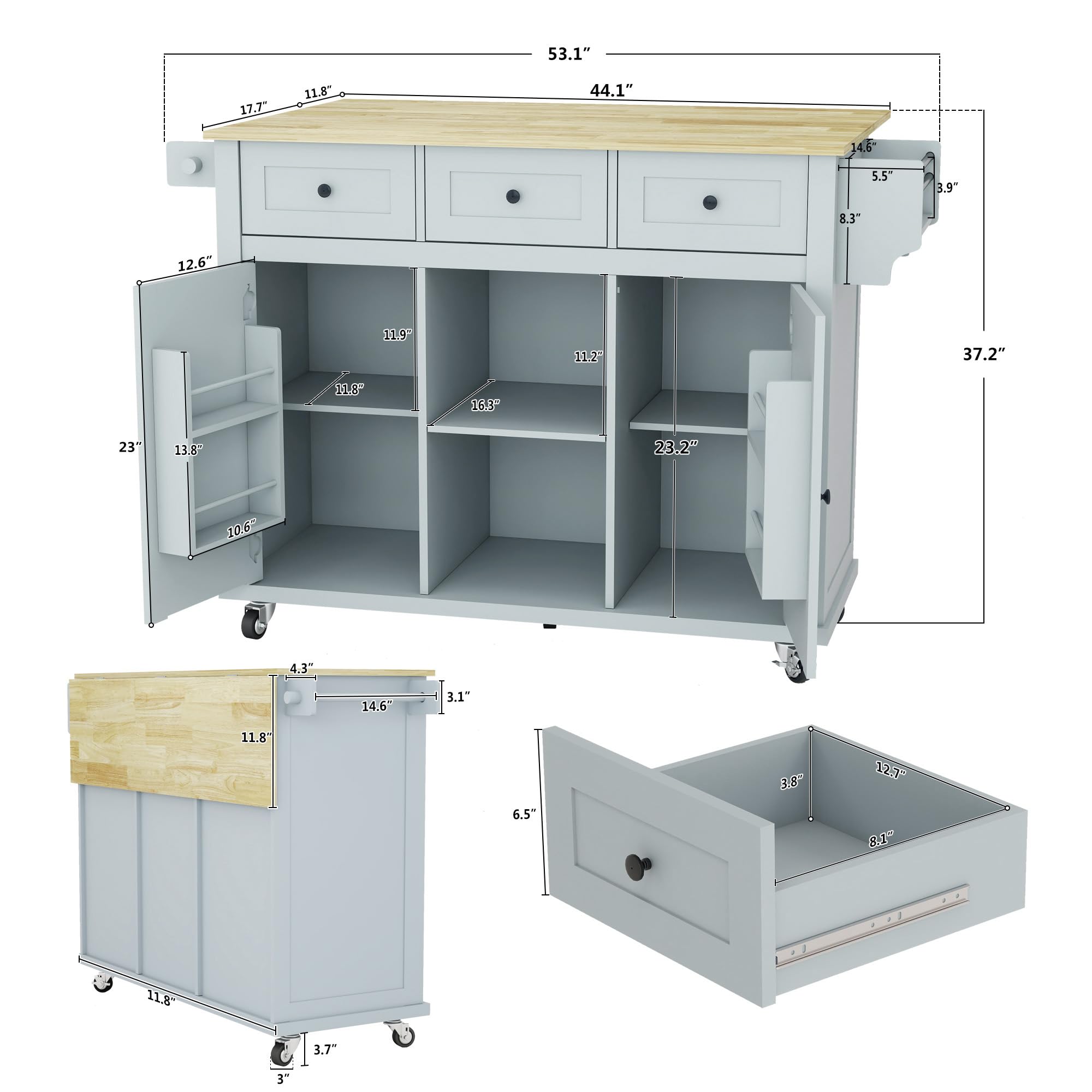 Rolling Kitchen Cart with Storage & Drop Leaf - Grey Blue for Cooking & Dining
