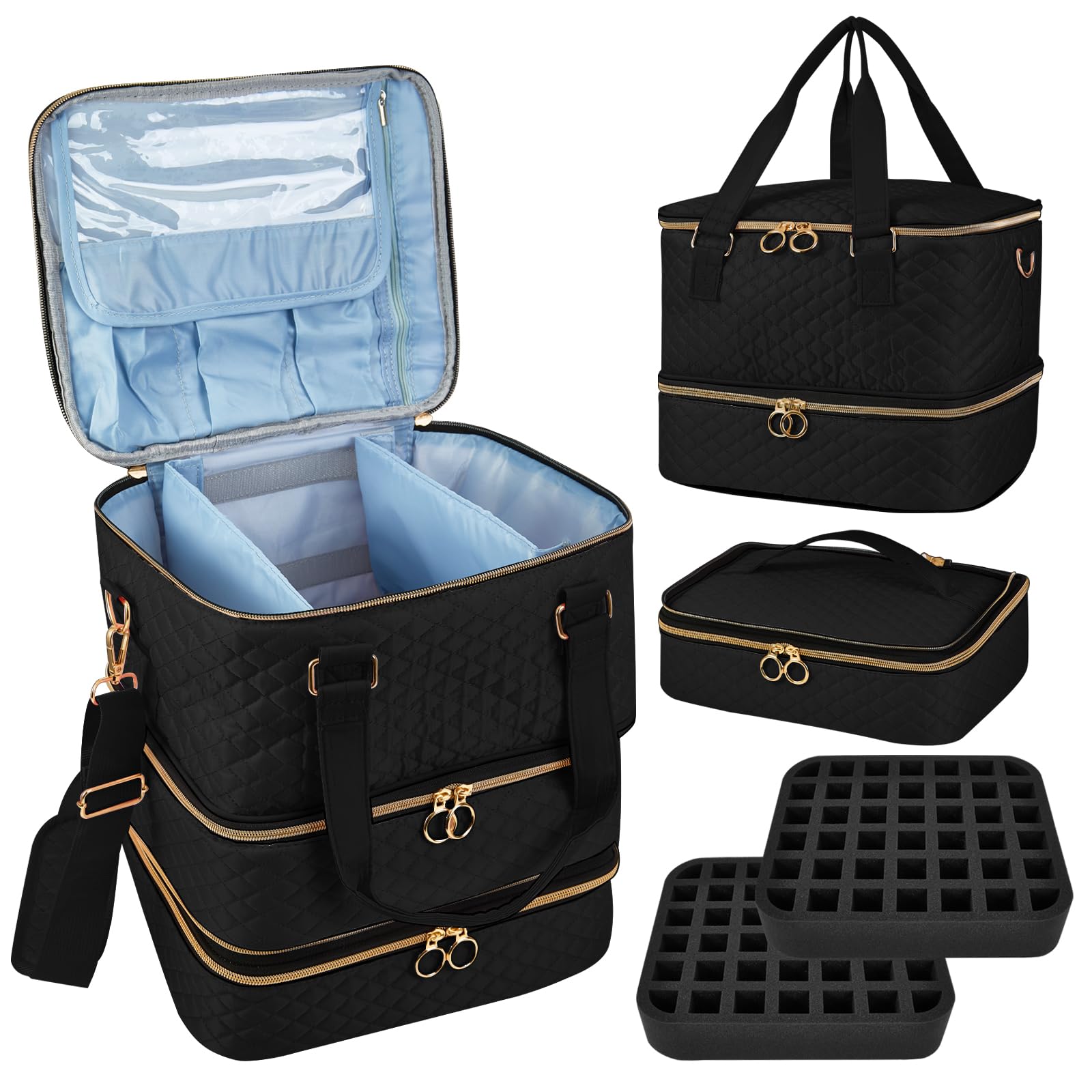 3-Layer Nail Polish Organizer Case with Adjustable Dividers - Holds 84 Bottles of Nail Polish, Nail Lamp & Nail Kit Supplies - Portable Storage Bag for Professional Salons & Home Manicures (Black)