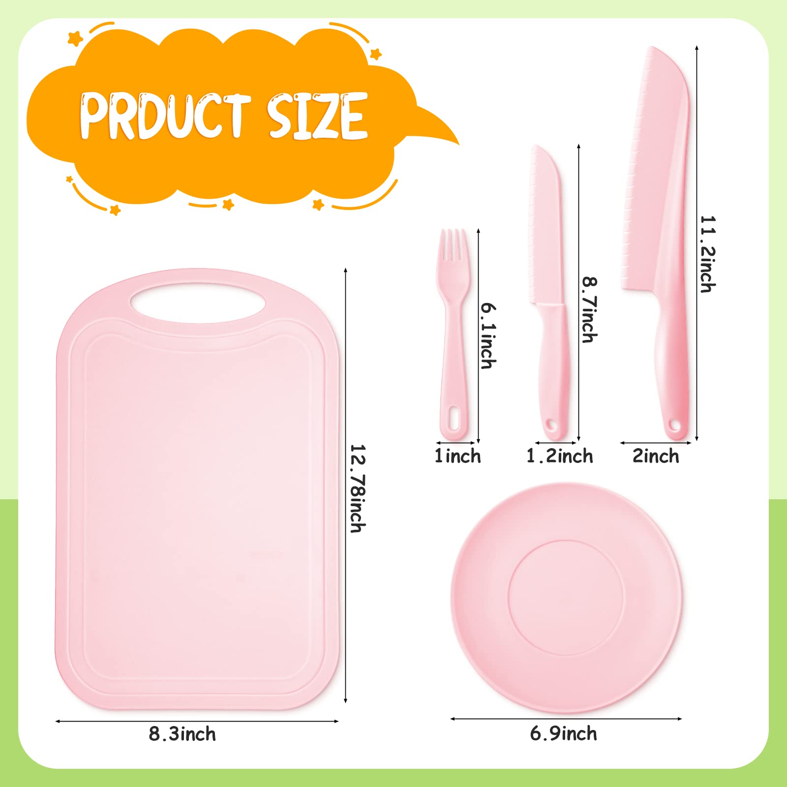 BPA-Free Kids Knife Set - Toddler Safe Cooking Utensils with Plastic Knives, Cutting Board, Plate & Fork | Real Cooking Tools for Children | Ideal for First Kitchen Experience, Montessori Learning & Family Cooking Activities (Pink)
