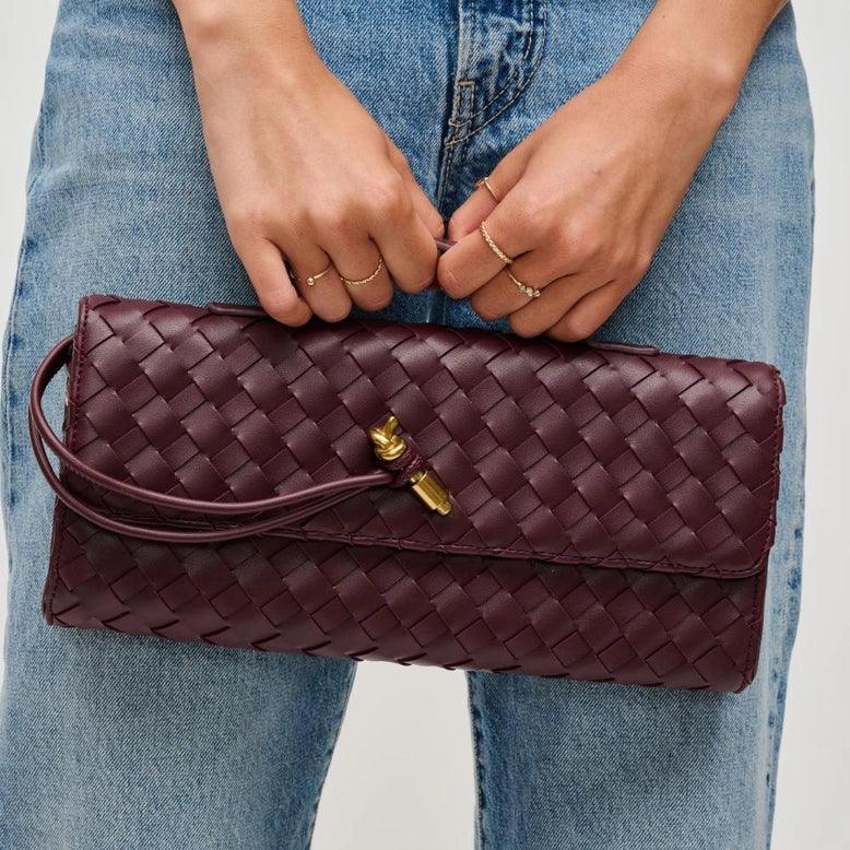 Ada Top Handle Woven East West Clutch Crossbody Bag for Women - Wine Red Evening Purse for Parties, Dinner Dates & Special Occasions
