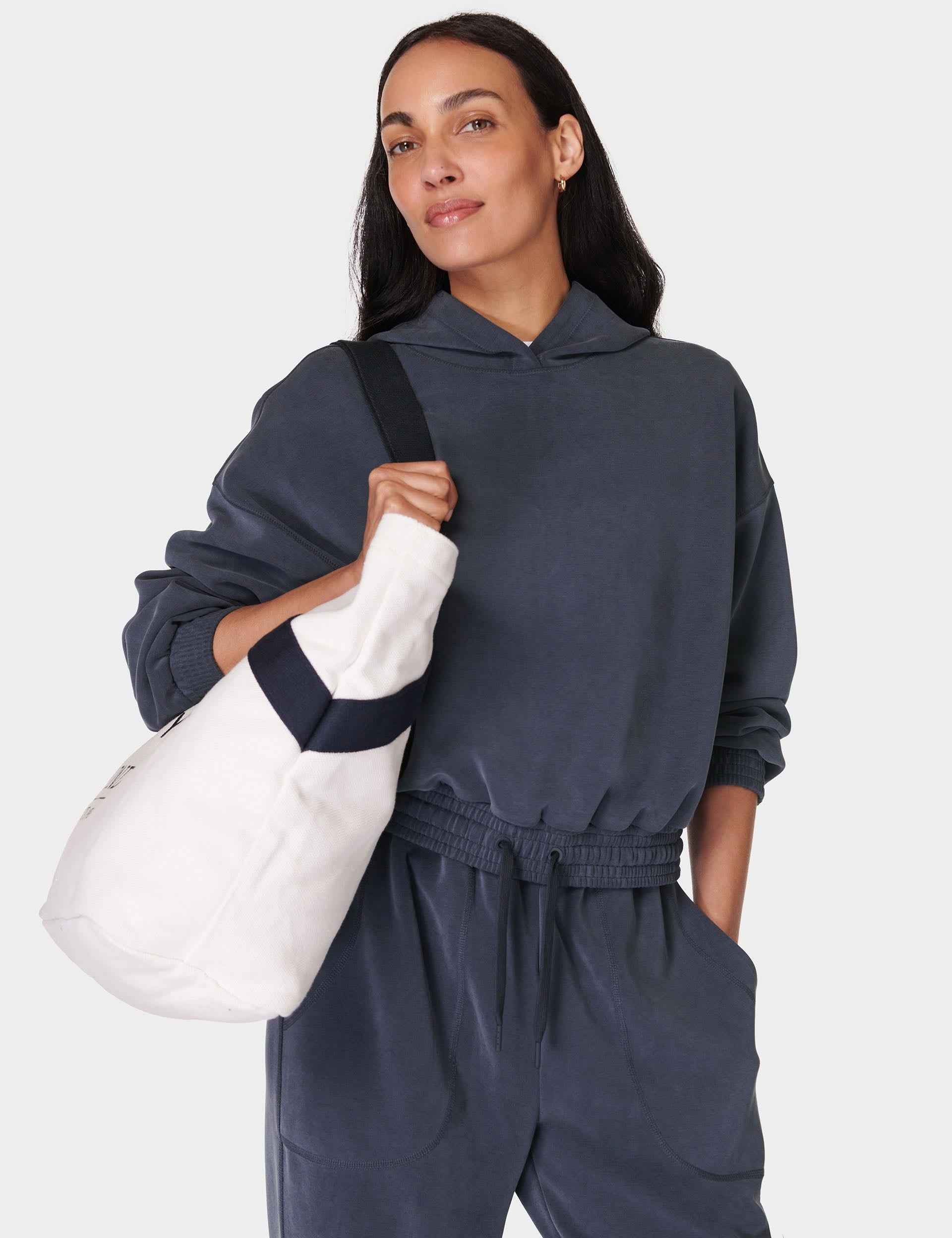 Sand Wash Crop Hoodie - Navy Blue | Soft & Stylish Women's Pullover for Casual Wear, Gym & Lounge
