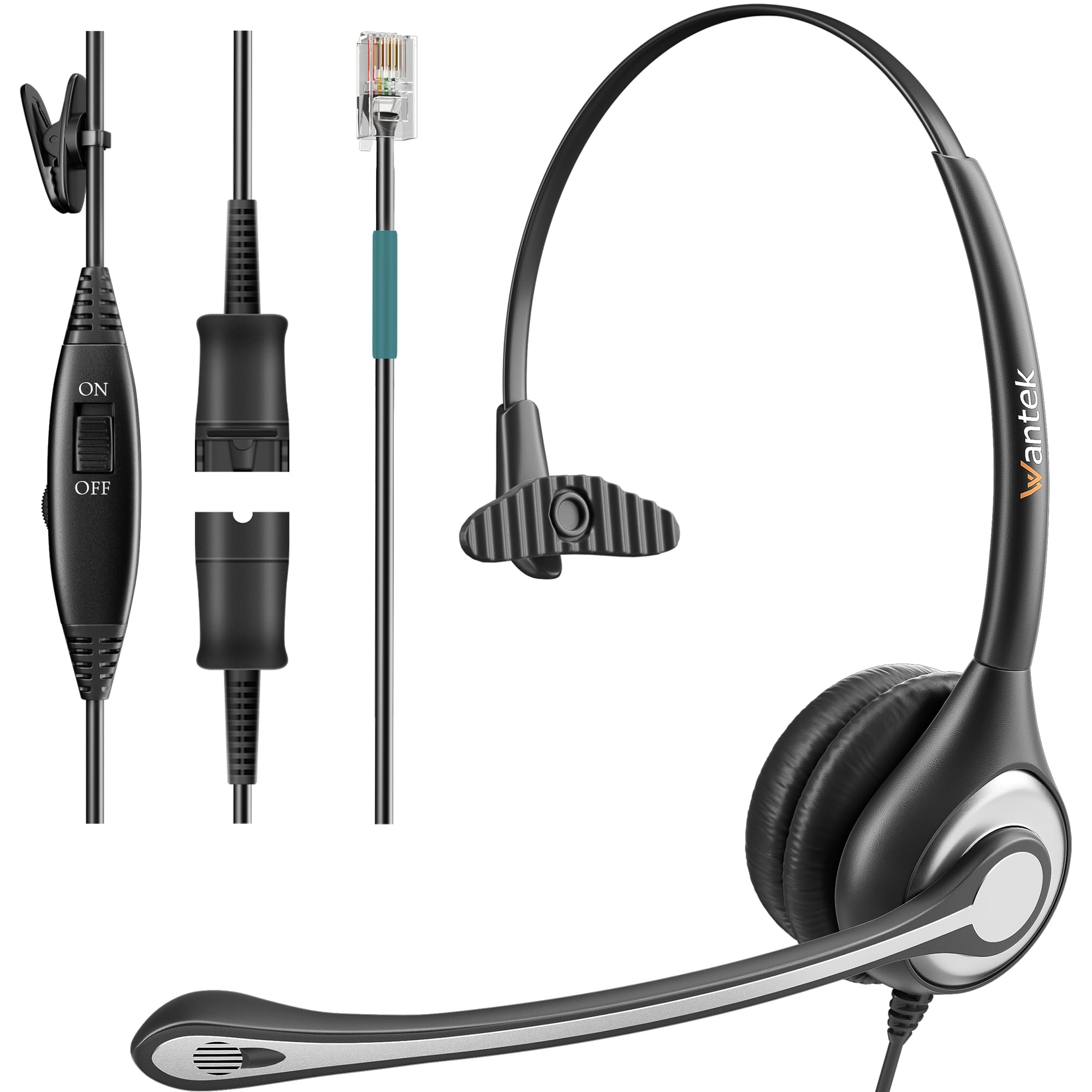 Wantek 600QS2 Mono Corded Telephone Headset with Noise Canceling Mic & Quick Disconnect - Compatible with ShoreTel, Polycom, Zultys, NEC Dterm, Nortel Norstar, Meridian, Siemens ROLM, Packet8 Landline Deskphones - Ideal for Call Centers, Office Communications & Customer Service