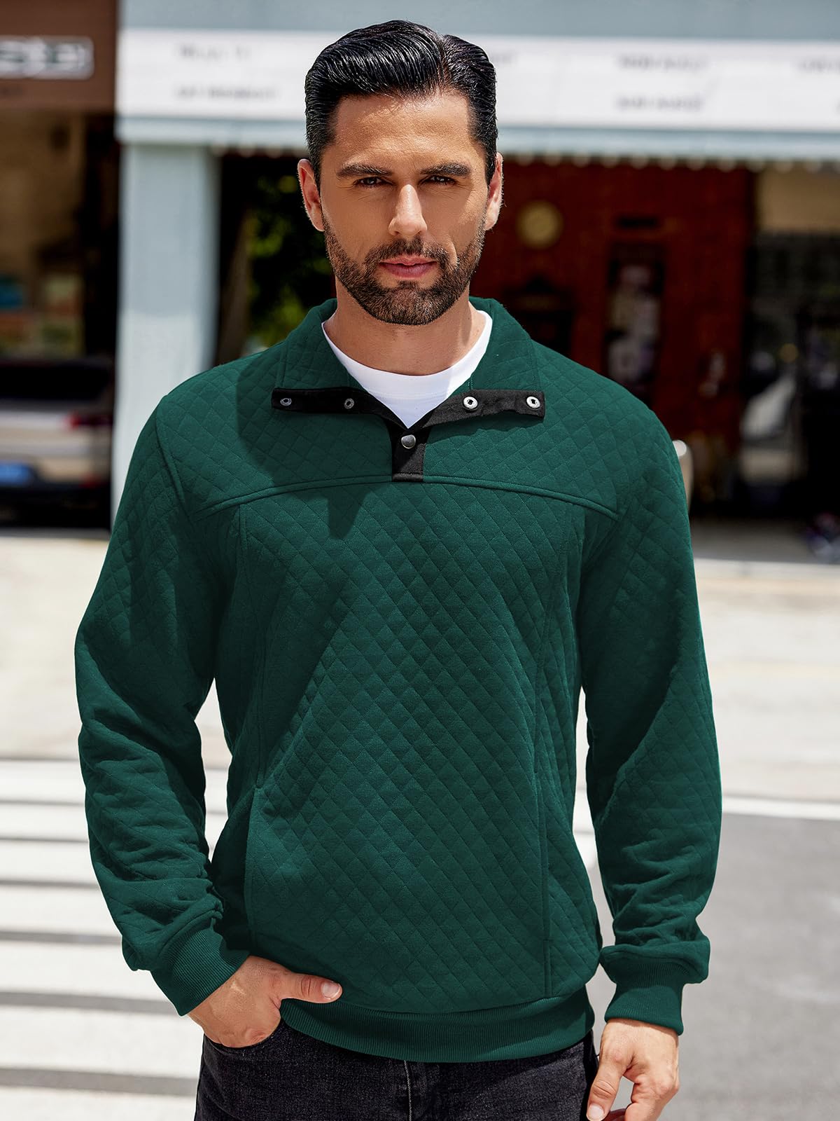 COOFANDY Men's Quilted Quarter Sweatshirt - Long Sleeve Mock Neck Waffle Pullover with Pockets | Casual Polo Shirt for Outdoor Activities, Work & Travel