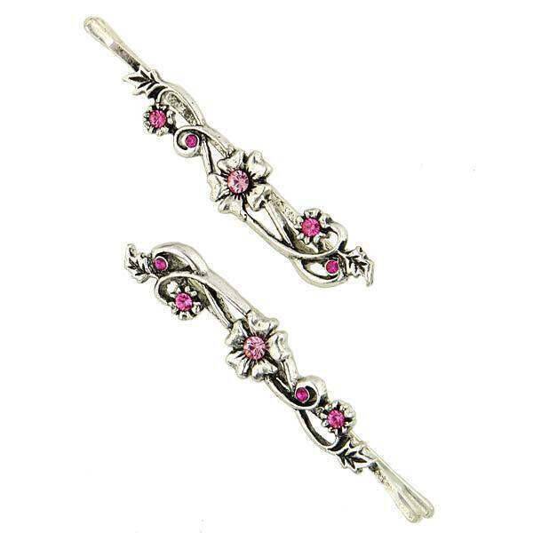1928 Jewelry Fuchsia & Rose Crystal Flower Hair Bobby Pins - Vintage Style Hair Clips for Women, Bridal Accessories, Prom, Wedding, and Special Occasions