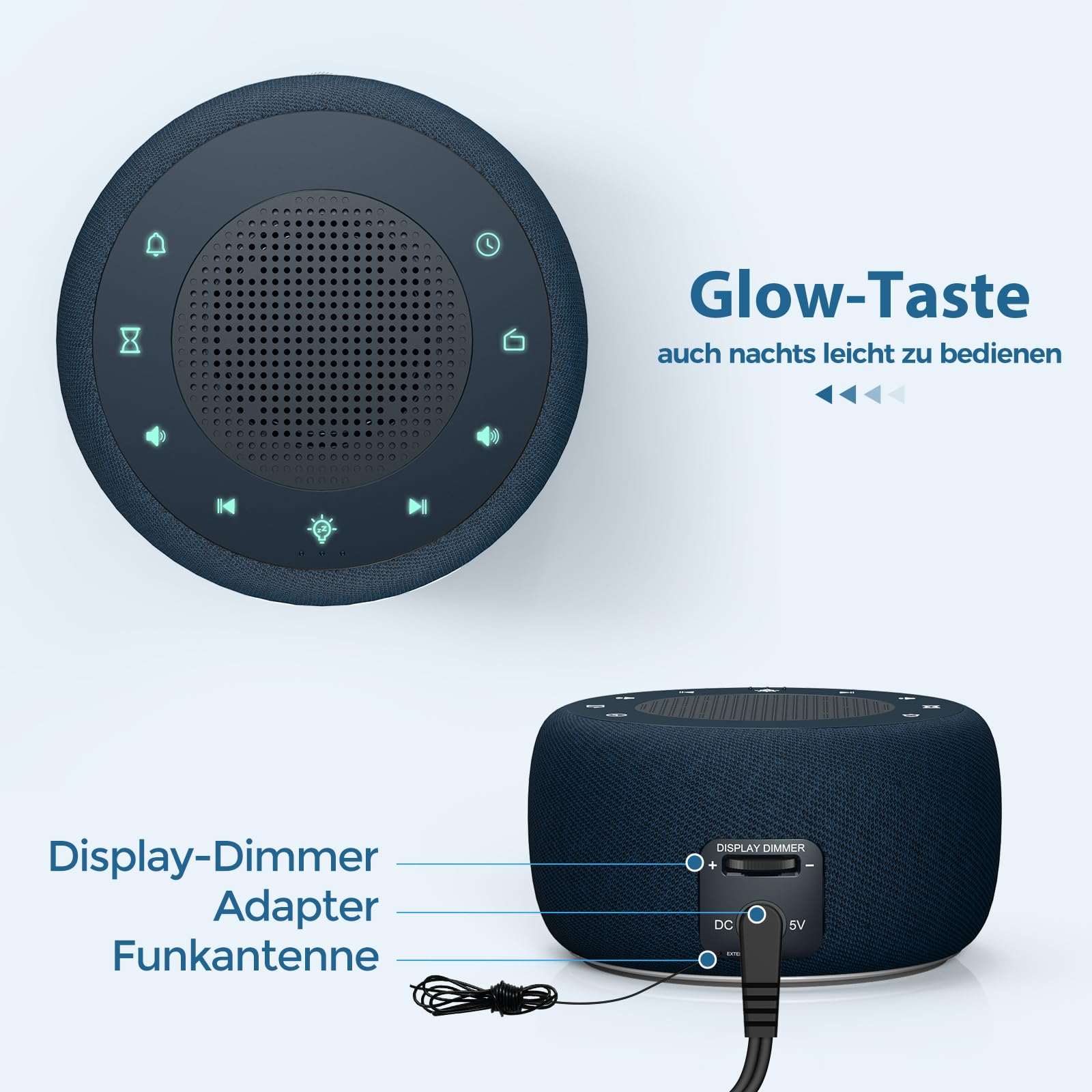 BUFFBEE Alarm Clock Radio with High-Quality Sound, 7-Color Night Light, Full Display & Dimmer for Bedroom Nightstand - Perfect for Home, Office, and Travel (Navy Blue)