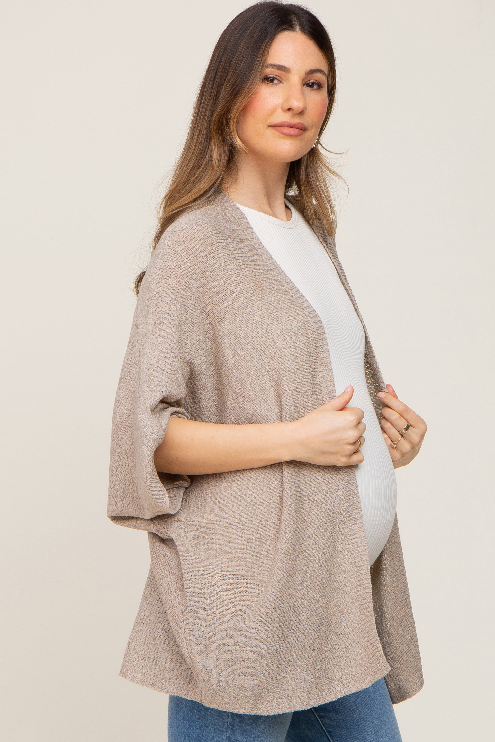 Beige Dolman Short Sleeve Maternity Cardigan for Pregnant Women - Soft Nursing Sweater for Breastfeeding & Pregnancy Comfort - Perfect for Casual Wear, Office & Maternity Photos