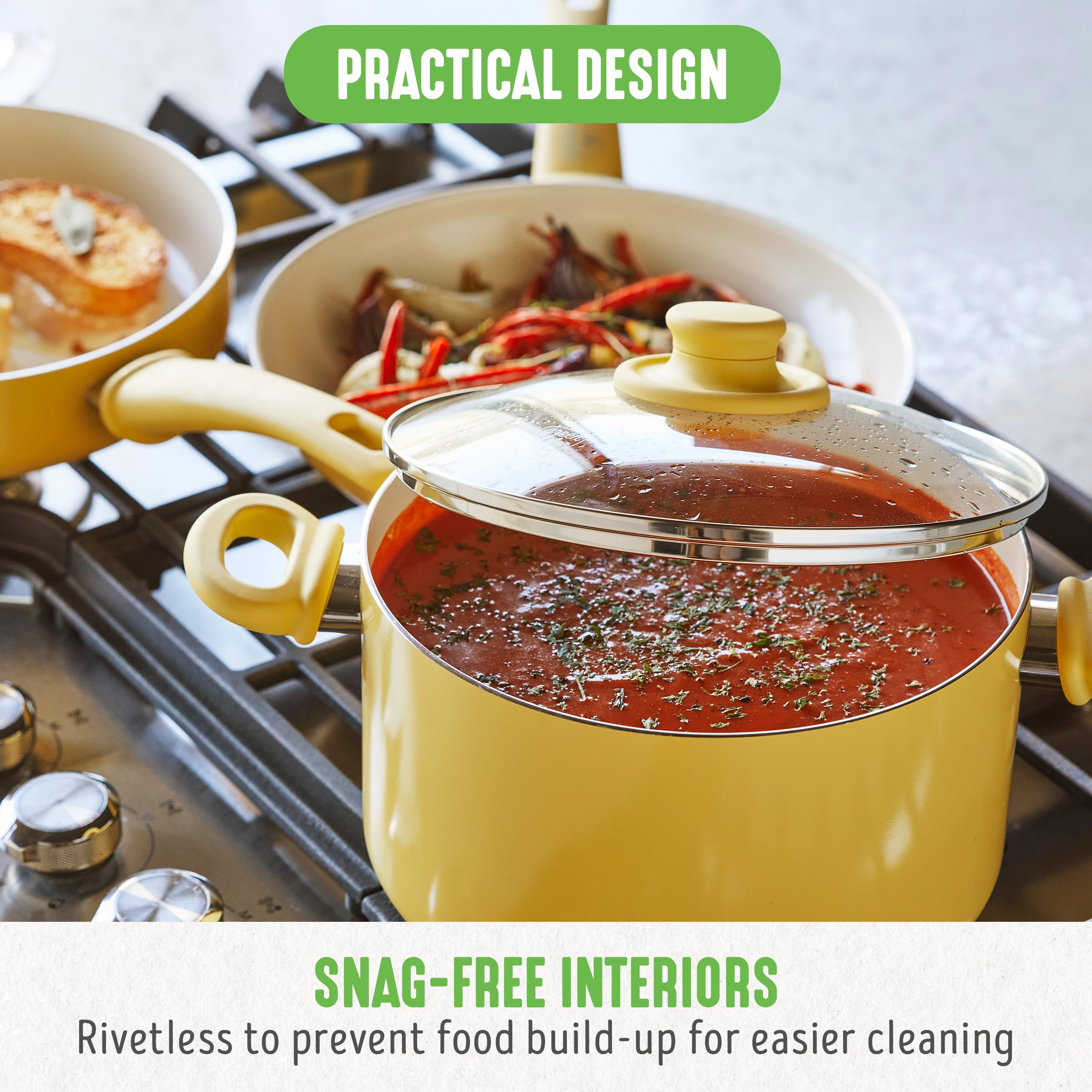 GreenLife Soft Grip 16-Piece Non-Toxic Cookware Set | PFAS-Free Ceramic Nonstick Pots & Pans | Frying Pan, Saucepan, Saute Pan with Glass Lids | Stay-Cool Handles, Wobble-Free Base | Dishwasher & Oven Safe | Perfect for Healthy Cooking & Family Meals | Vibrant Yellow