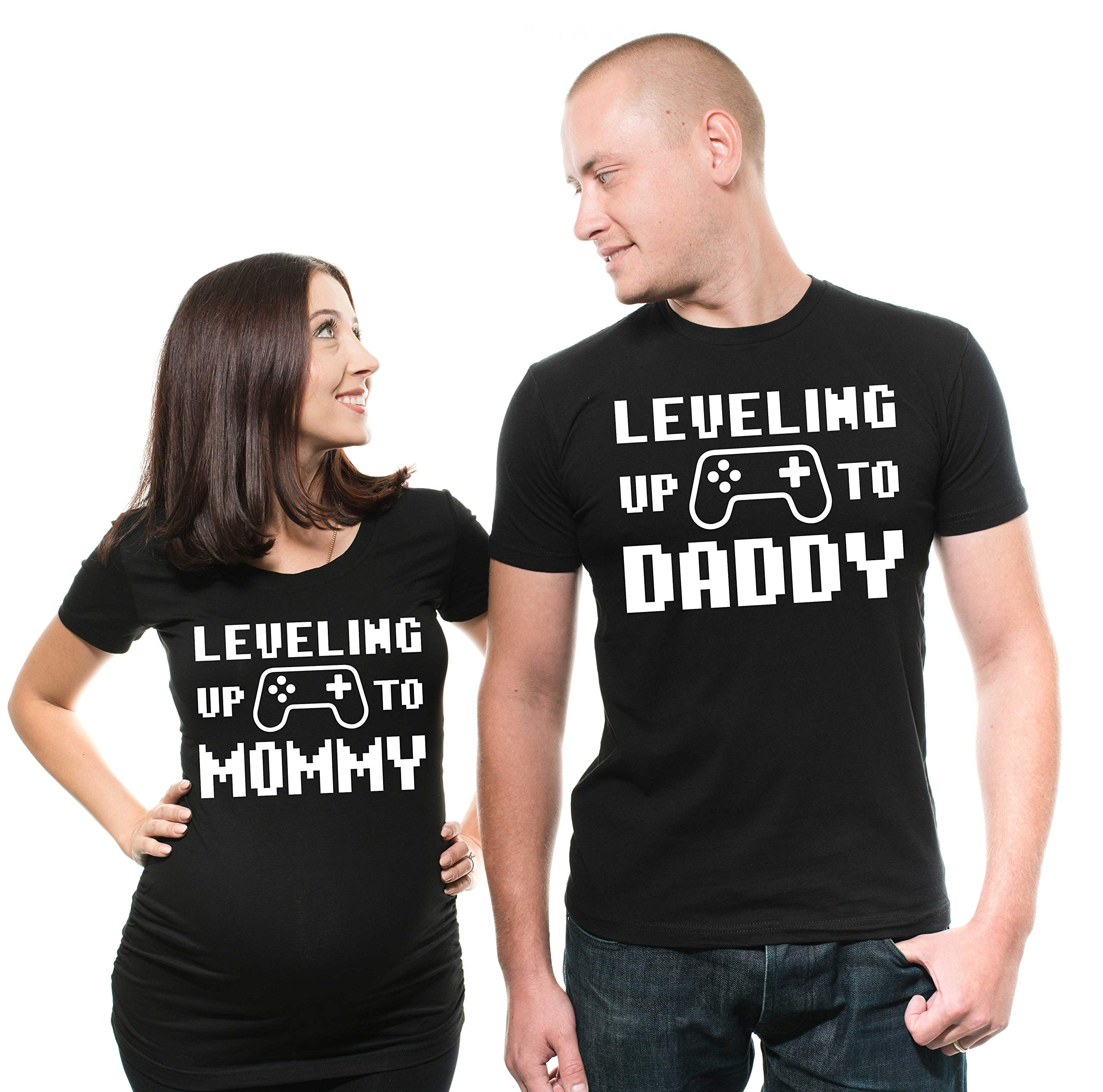 Gamer Dad & Mom Level Up Maternity Pregnancy Announcement T-Shirts - Perfect Couple Matching Tees for Gender Reveal & Baby Shower