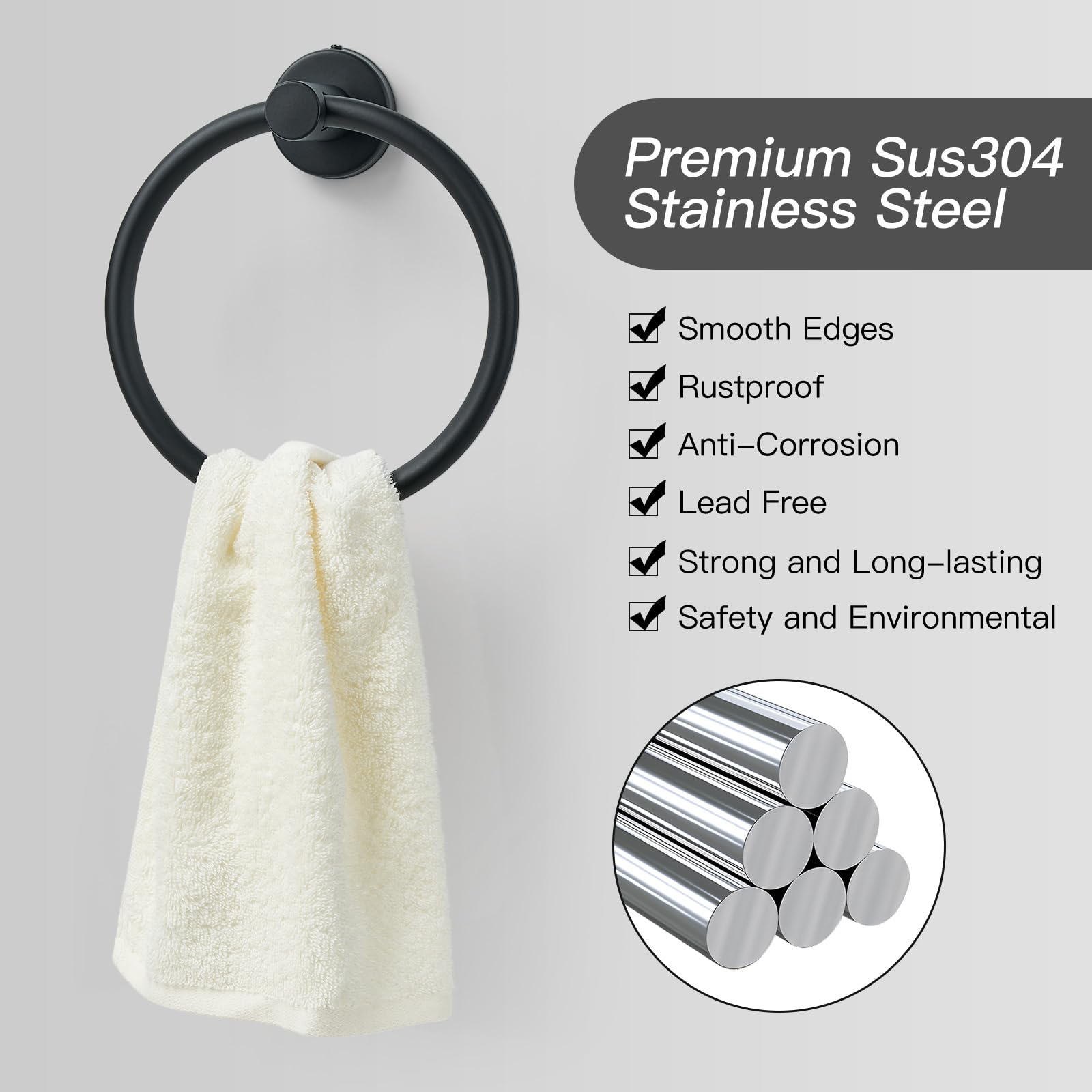 Black Stainless Steel Towel Ring for Bathroom & Kitchen - Modern Wall Mount Hand Towel Holder - Rustproof Round Towel Rack for Bath, Spa, and Home Decor (Perfect for Guest Bathrooms & Kitchen Towel Organization)