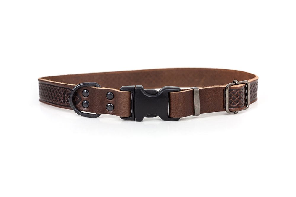 Premium Chocolate Brown Celtic Sport Quick Release Leather Dog Collar - Durable & Adjustable for Active Dogs, Training, and Outdoor Adventures