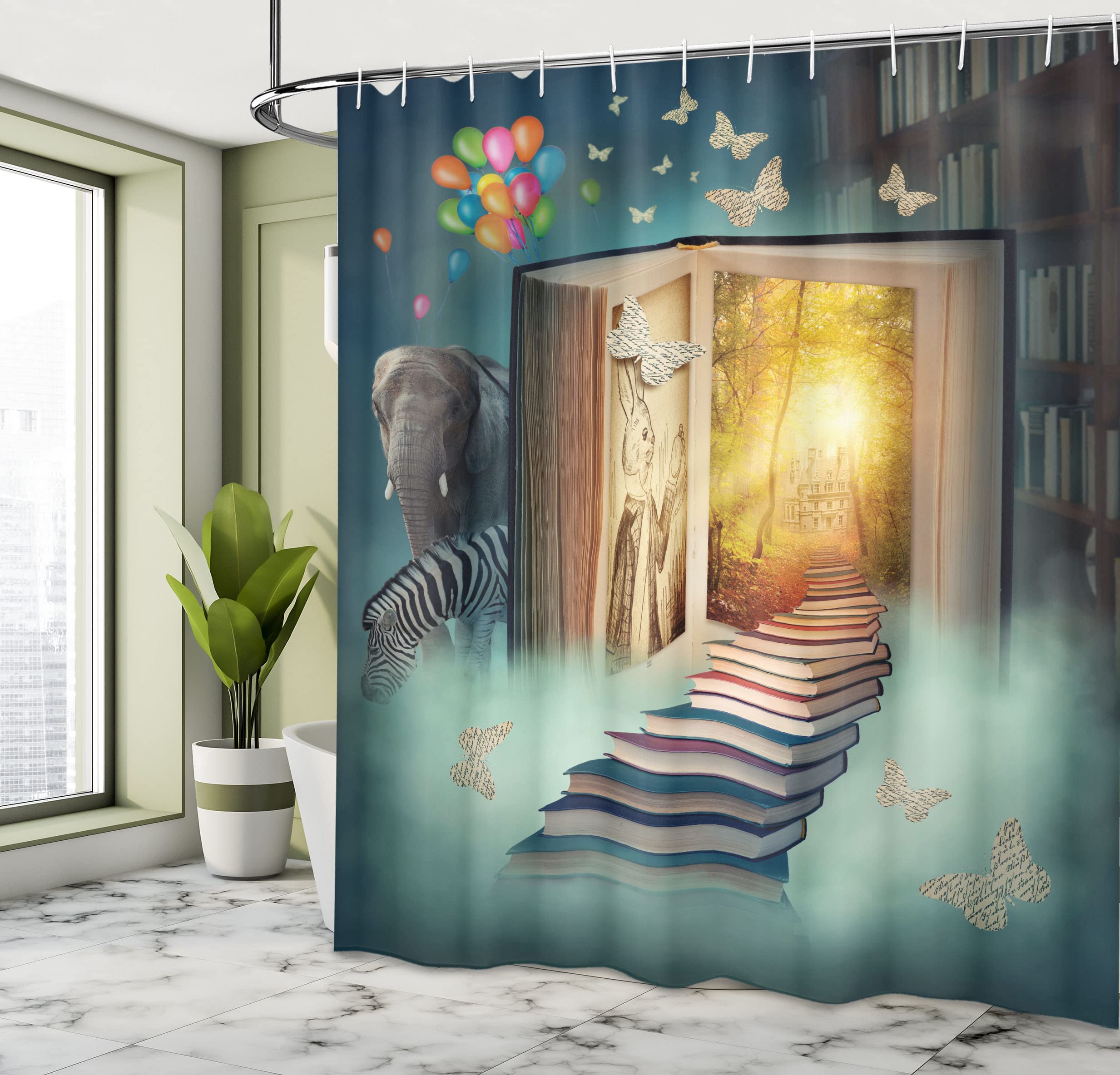 Ambesonne Fantasy Shower Curtain - Magic Book Forest with Balloons, Zebra & Butterflies Design, 69x75 Inch Teal & Yellow Bathroom Decor Set with Hooks | Waterproof Fabric for Kids & Adults Bathroom Decor