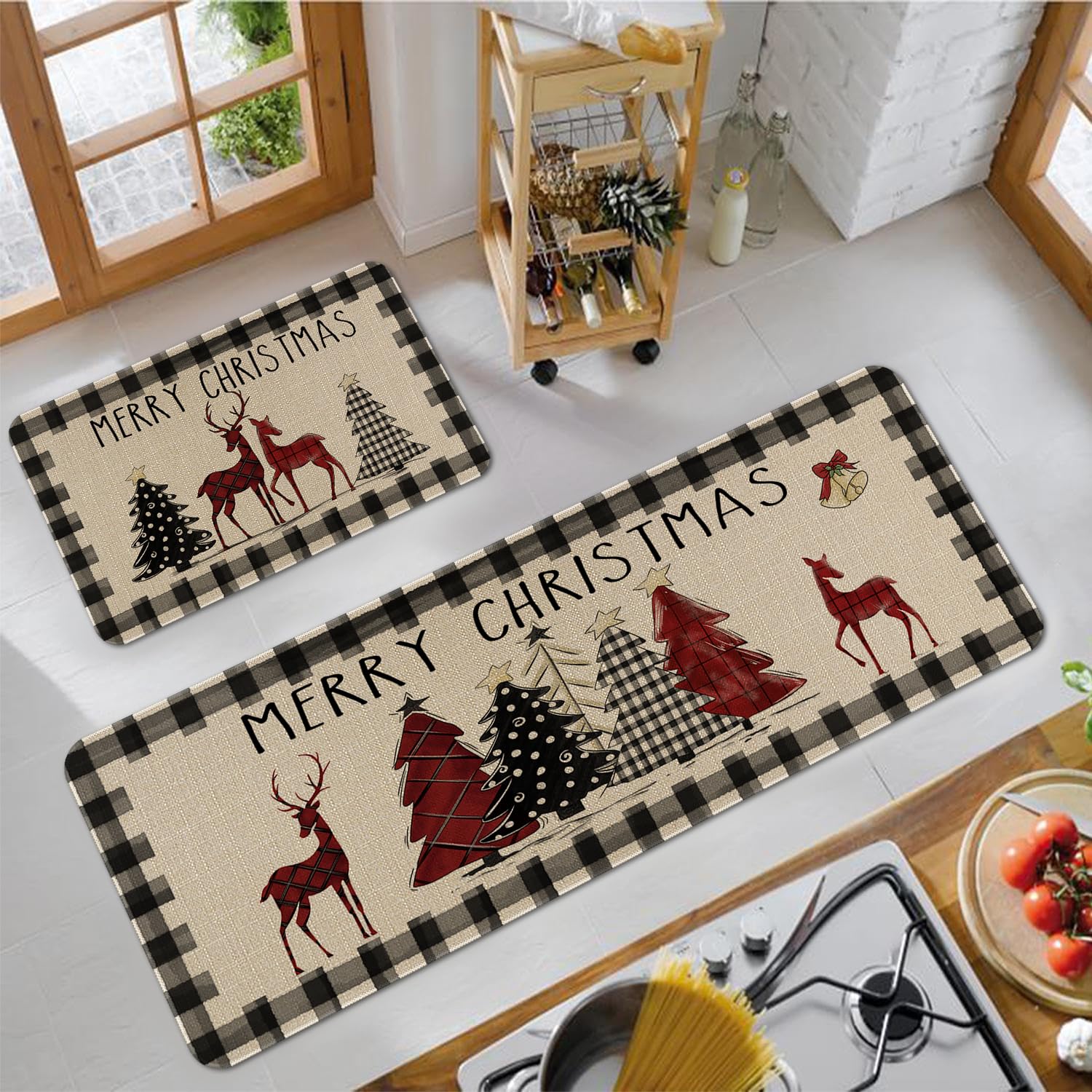 Faptoena Christmas Kitchen Rugs and Mats Set of 2, Non-Slip Waterproof Christmas Tree Floor Mat, Holiday Runner Rug for Sink, Laundry Room, Entryway, and Winter Home Decor
