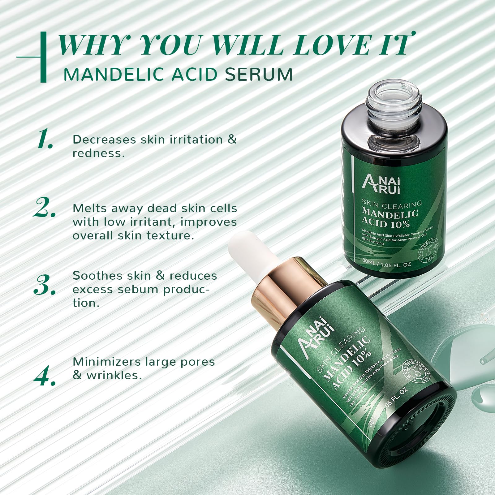 ANAiRUi 2% Salicylic Acid & 10% Mandelic Acid Exfoliating Serum - AHA BHA Peel Solution for Dark Spots, Blackheads, Large Pores, Wrinkles & Fine Lines - 30ml | Brightening Facial Treatment for Acne-Prone & Aging Skin | Day & Night Skincare Routine