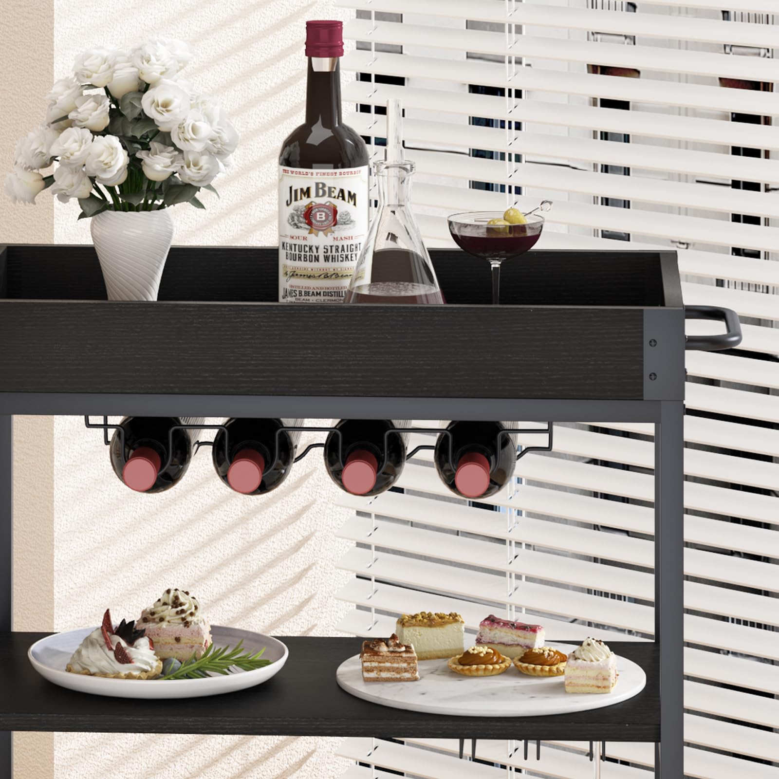 Vintage Style 3-Tier Bar Cart with Wheels - Mobile Serving Cart for Wine, Drinks & Kitchen - Wood & Metal Rolling Trolley for Living Room, Dining Room & Home Entertaining