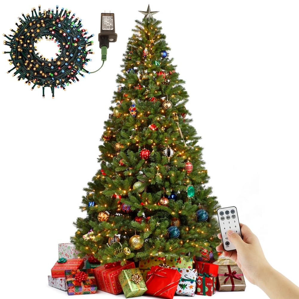 Juegoal 7.5 Foot Pre-Lit Artificial Christmas Tree with 450 LED Warm White & Color Changing Lights - 8 Lighting Modes, Sturdy Metal Stand, 1350 Tips Realistic Pine Needles - Perfect for Living Room, Office Holiday Decor & Gift Wrapping Station