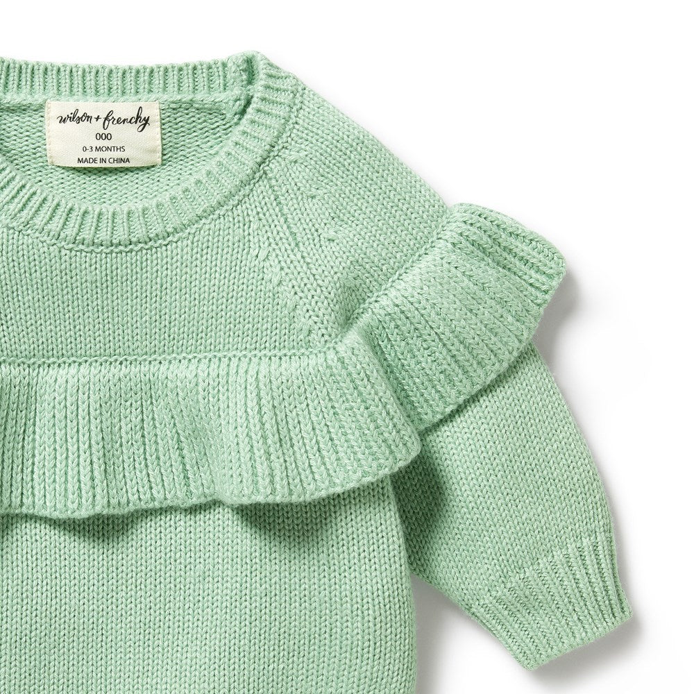 Stylish Mint Green Knitted Ruffle Jumper for Women - Cozy Winter Pullover with Feminine Details | Perfect for Casual Outings, Office Wear & Holiday Outfits