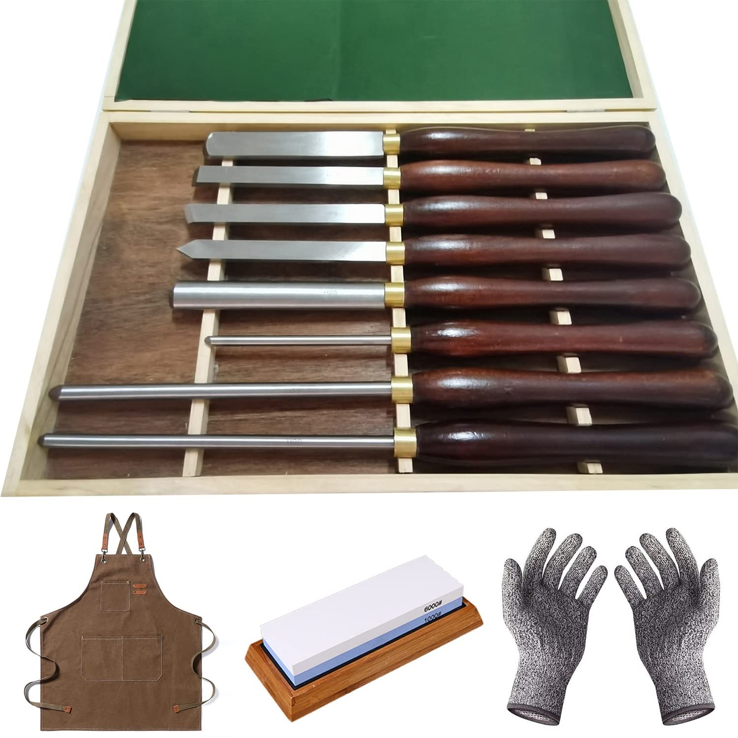 8Pcs HSS Wood Turning Chisel Set - Professional Woodworking Lathe Tools with Apron, Whetstone & Gloves - Perfect for DIY Woodturning, Furniture Making, and Craft Projects