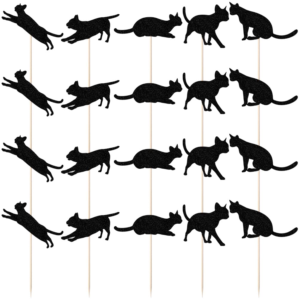 20 Pieces Black Glitter Cat Cupcake Toppers - Assorted Cat Silhouette Designs for Birthday Party, Baby Shower & Kids Cake Decorations | Perfect for Themed Celebrations, Dessert Displays & DIY Baking Projects