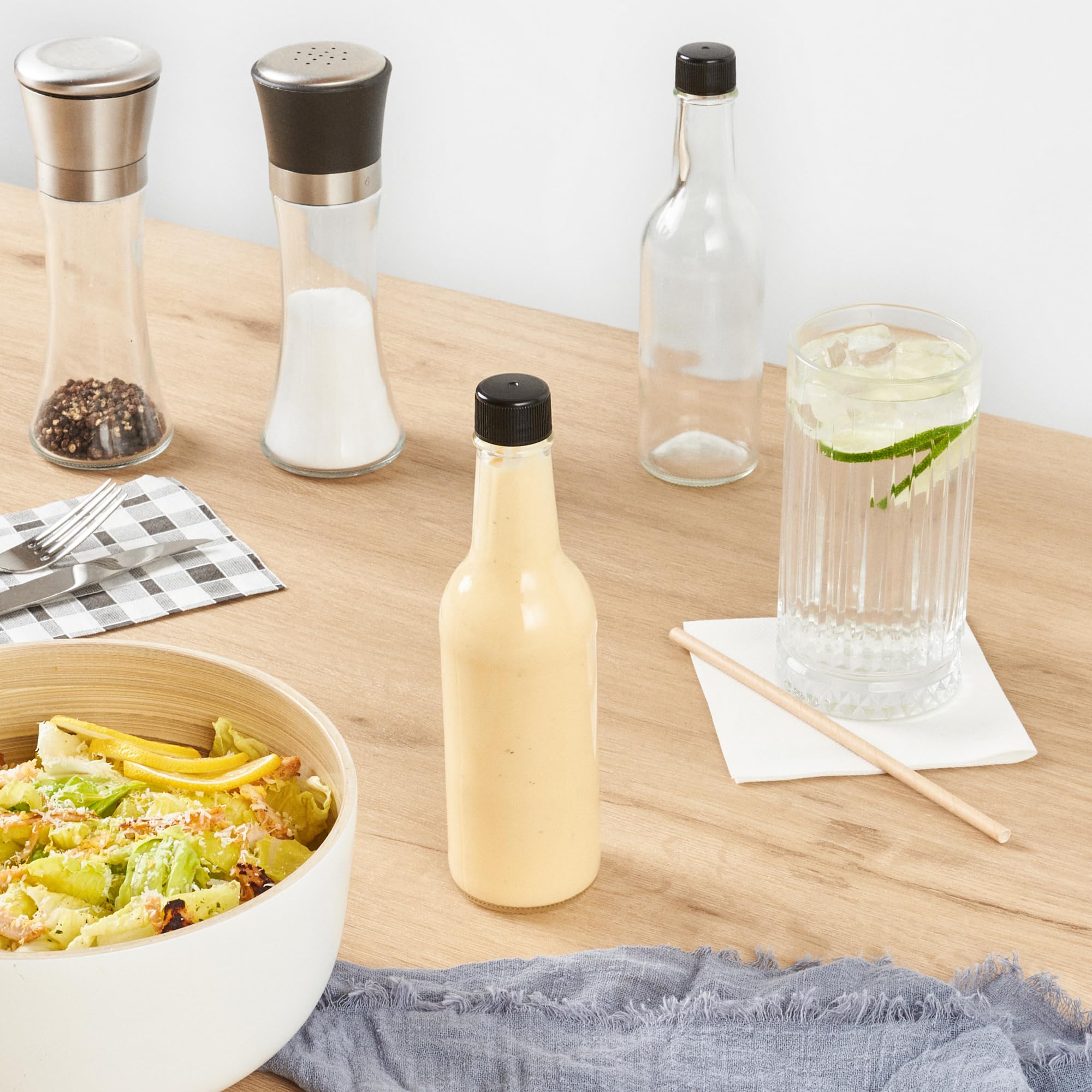 **Vetri 9 oz Clear Glass Woozy Bottles with Black Caps - 10-Pack Dishwasher Safe Empty Sauce Bottles for Hot Sauce, Salad Dressing, BBQ, Oil, Tinctures - Perfect for Restaurants, Catering & Home Kitchens**