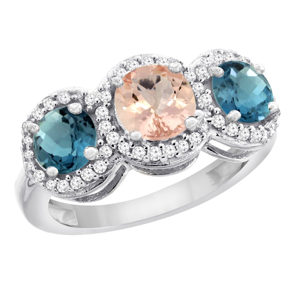 14K White Gold Natural Morganite & London Blue Topaz Three-Stone Ring with Diamond Accents - Sizes 5-10 | Elegant Engagement, Anniversary & Wedding Jewelry Gift for Her