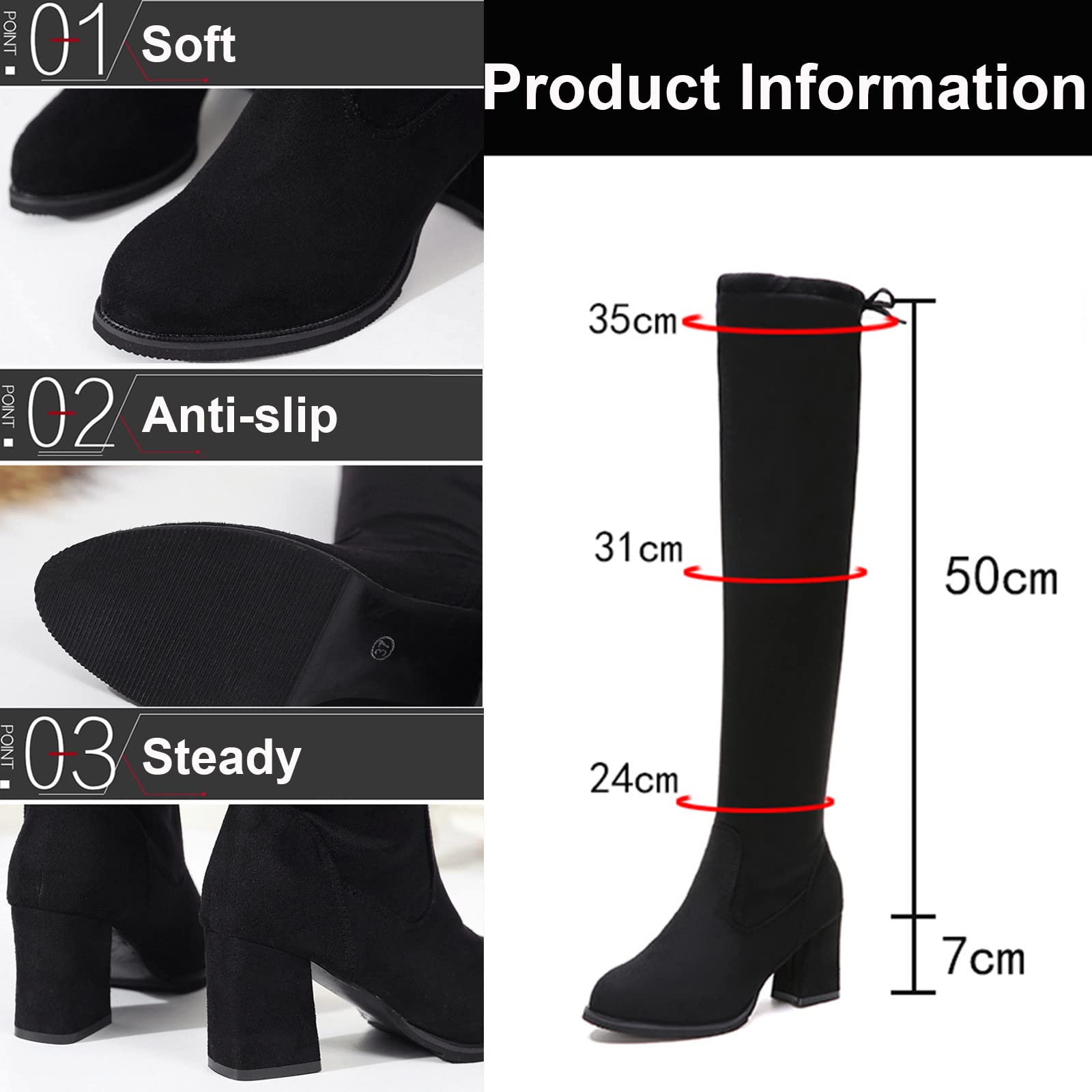 Yanzhenglip Women's Over The Knee Boots - Wide Calf Plus Size Knee High Heel Boots, Black Sexy Thigh High Boots with Chunky Heel for Winter & Summer Fashion | Perfect for Party, Date Night & Office Wear