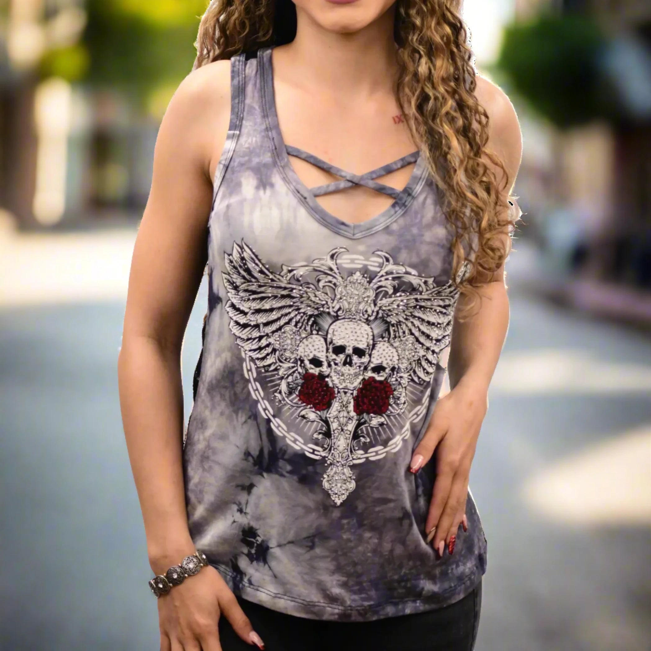 Liberty Wear Women's Chain Link Skulls Graphic T-Shirt - Gothic Punk Rock Style Cotton Tee for Concerts, Halloween & Casual Outfits