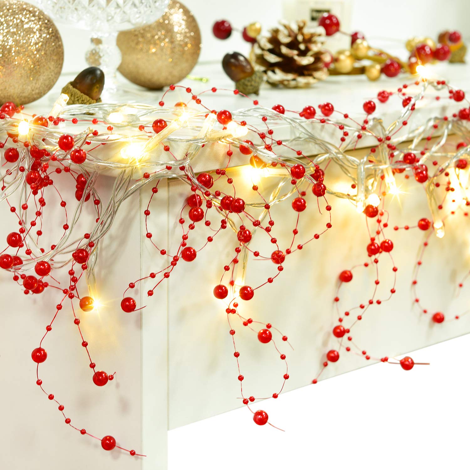 Artiflr 11FT Christmas Berry Beaded Garland with 30 Warm White LED Lights - Holiday Decor for Fireplace Mantel, Indoor & Outdoor Christmas Decorations - Perfect for Xmas Tree, Wreaths, and Home Holiday Lighting