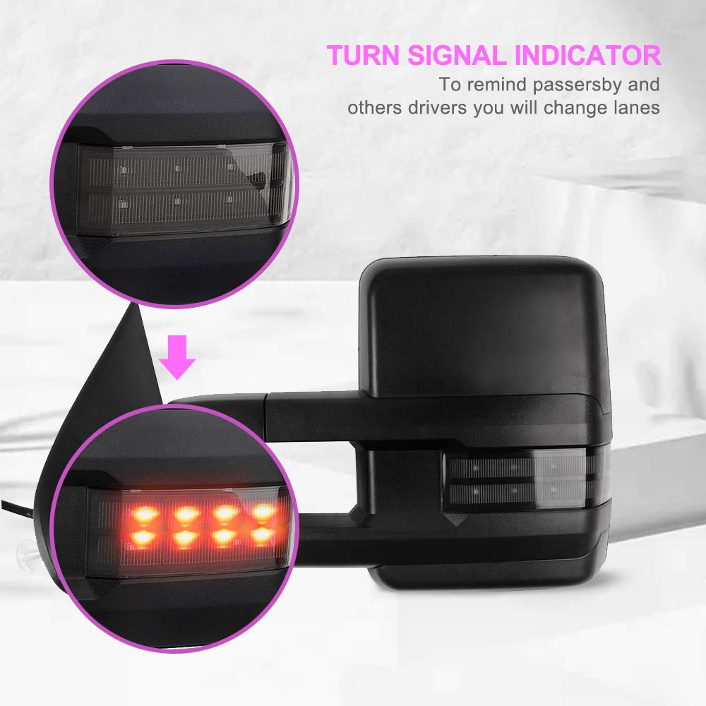 INEEDUP Towing Mirrors for GMC Sierra 2500/3500 HD (2015-2019) - Power Adjustable Heated Mirrors with LED Turn Signal & Puddle Light - Black Housing - Perfect for Enhanced Visibility & Safety While Towing Trailers or Heavy Loads