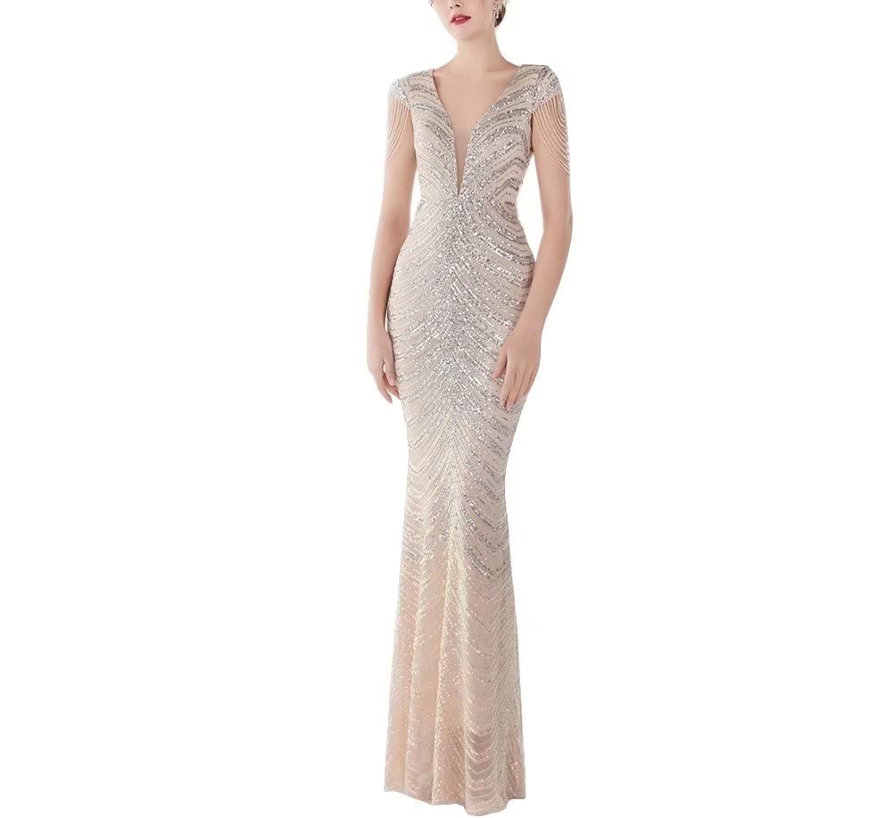 Mordarli Women's V Neck Sequin Prom Dresses 2023 - Crystal Beaded Long Formal Evening Gown for Homecoming, Ball, Wedding & Special Occasions