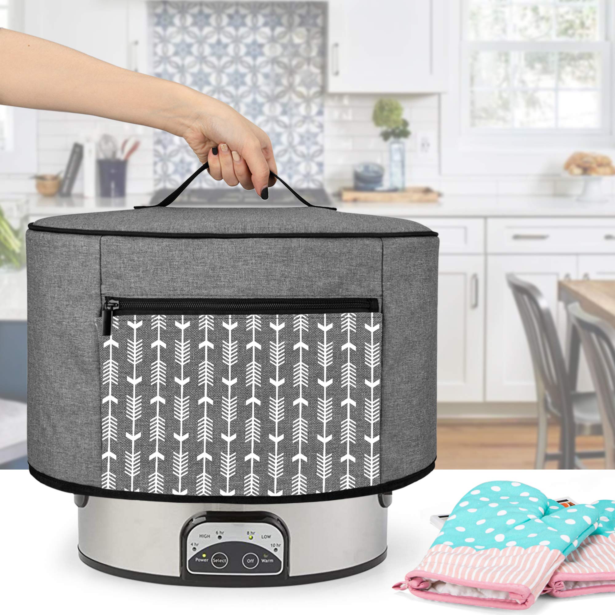 YARWO 6-8 Quart Slow Cooker Dust Cover - Compatible with Crock Pot & Hamilton Beach - Zippered Storage Pocket & Wipe-Clean Liner - Gray with Arrow Design - Perfect for Kitchen Storage & Appliance Protection