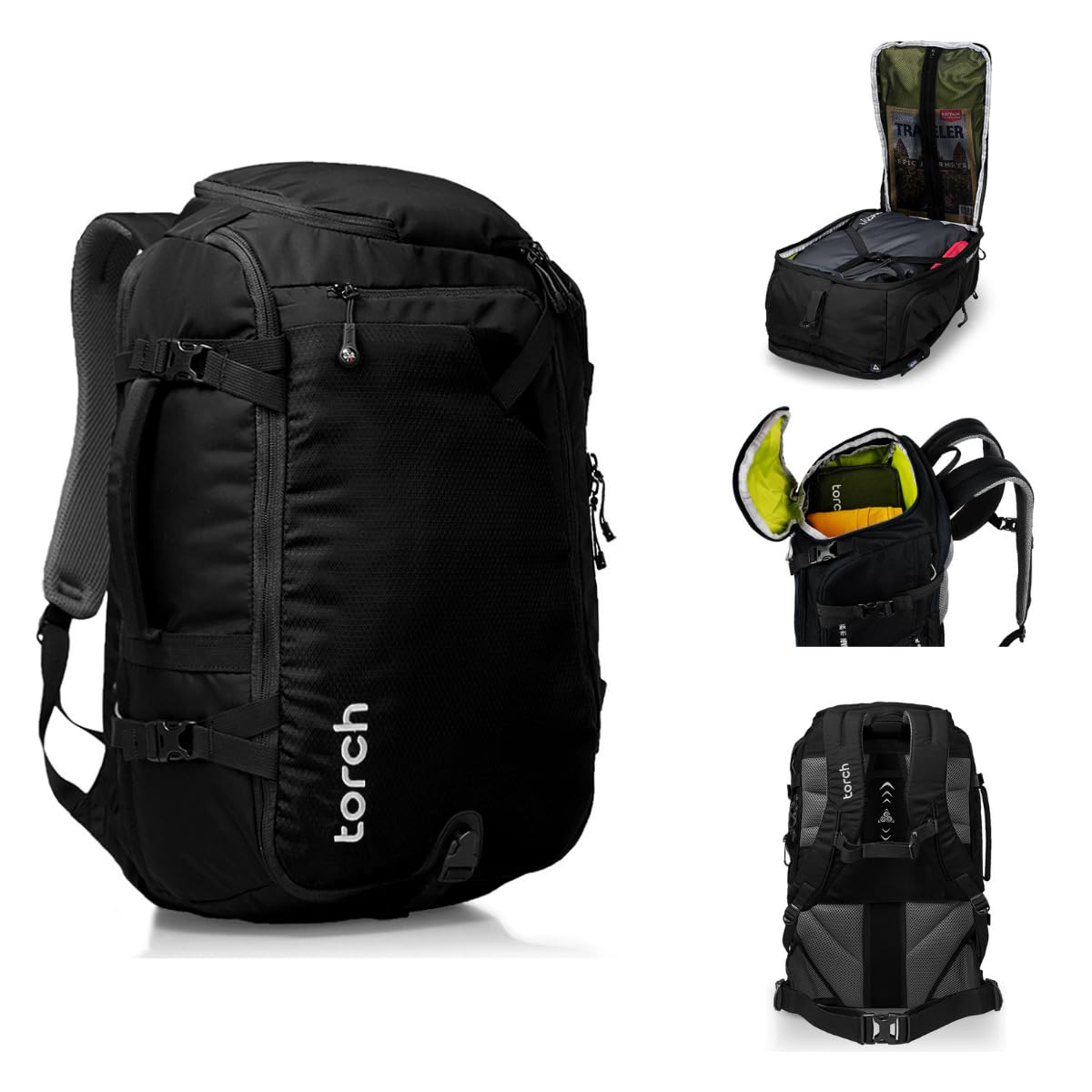 Torch 40L Travel Backpack - Waterproof Carry On Backpack for Hiking, Camping & Outdoor Adventures - Flight Approved with Rain Cover - Perfect for Work Commute & Weekend Getaways (Black)