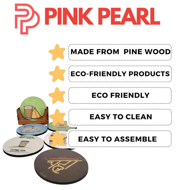 PINK PEARL Set of 6 Elegant Quote Coasters with Wood Stand - Funny Coffee Mug & Tea Cup Coasters - Perfect Gift for Tea Lovers & Chai Enthusiasts - Great for Home, Office, and Cafe Decor
