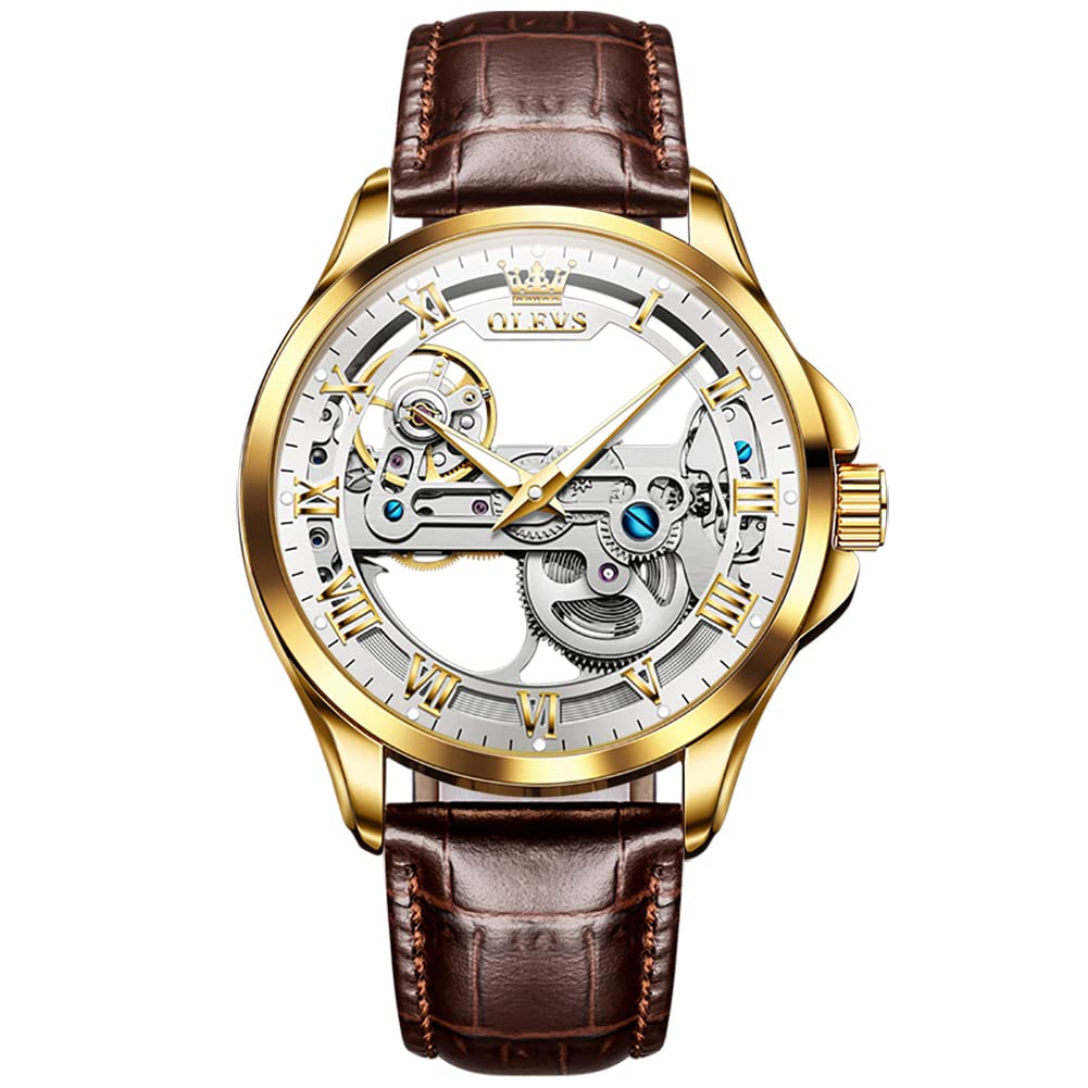 OLEVS Men's Skeleton Automatic Watch - Self Winding Mechanical Dress Watch with Leather Band, Large Face, Waterproof - Perfect for Business, Casual & Formal Occasions