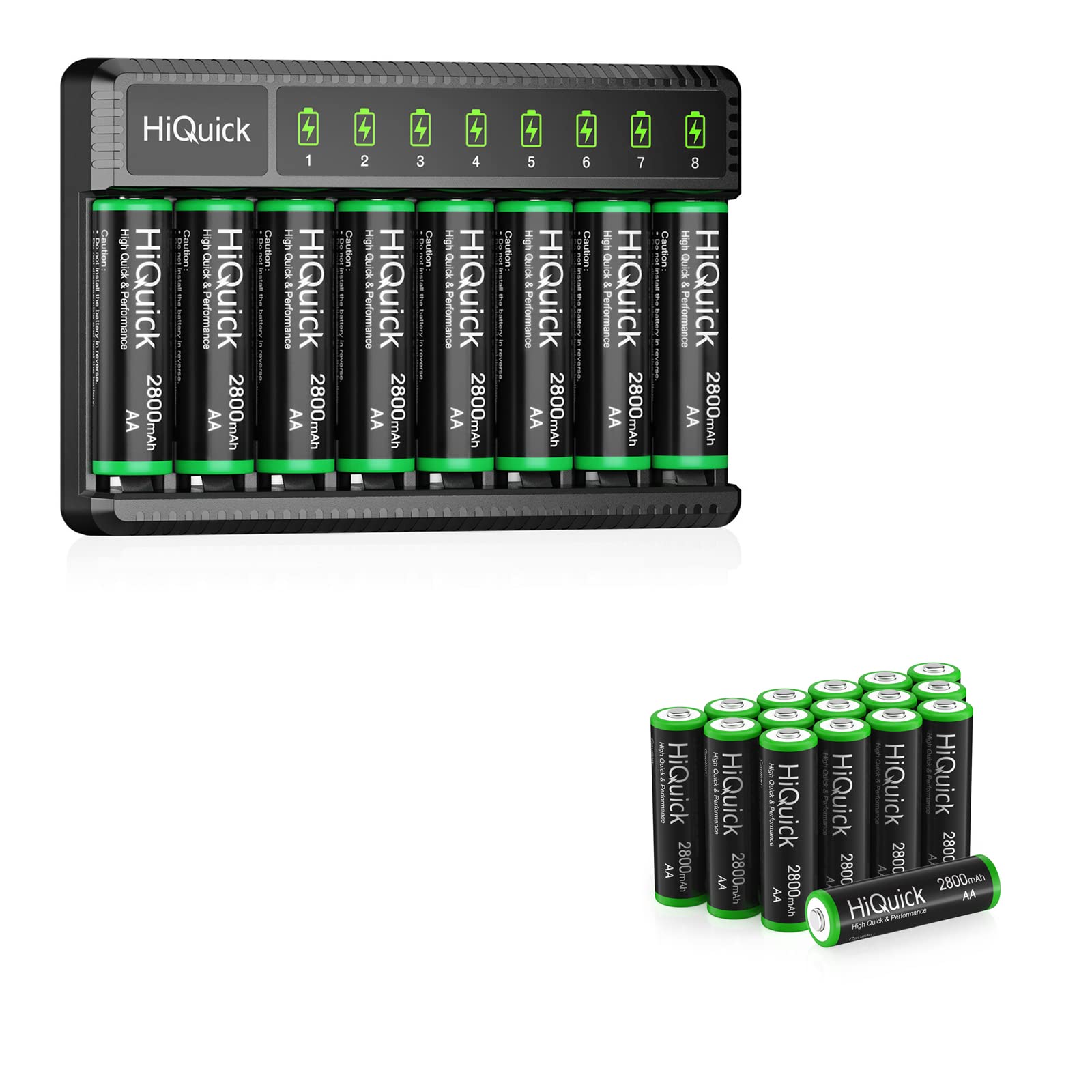 HiQuick 8 Bay Smart Battery Charger with 8 AA Batteries + 16 Pack AA Rechargeable Batteries - Fast Charging for Cameras, Toys, Flashlights & Electronics