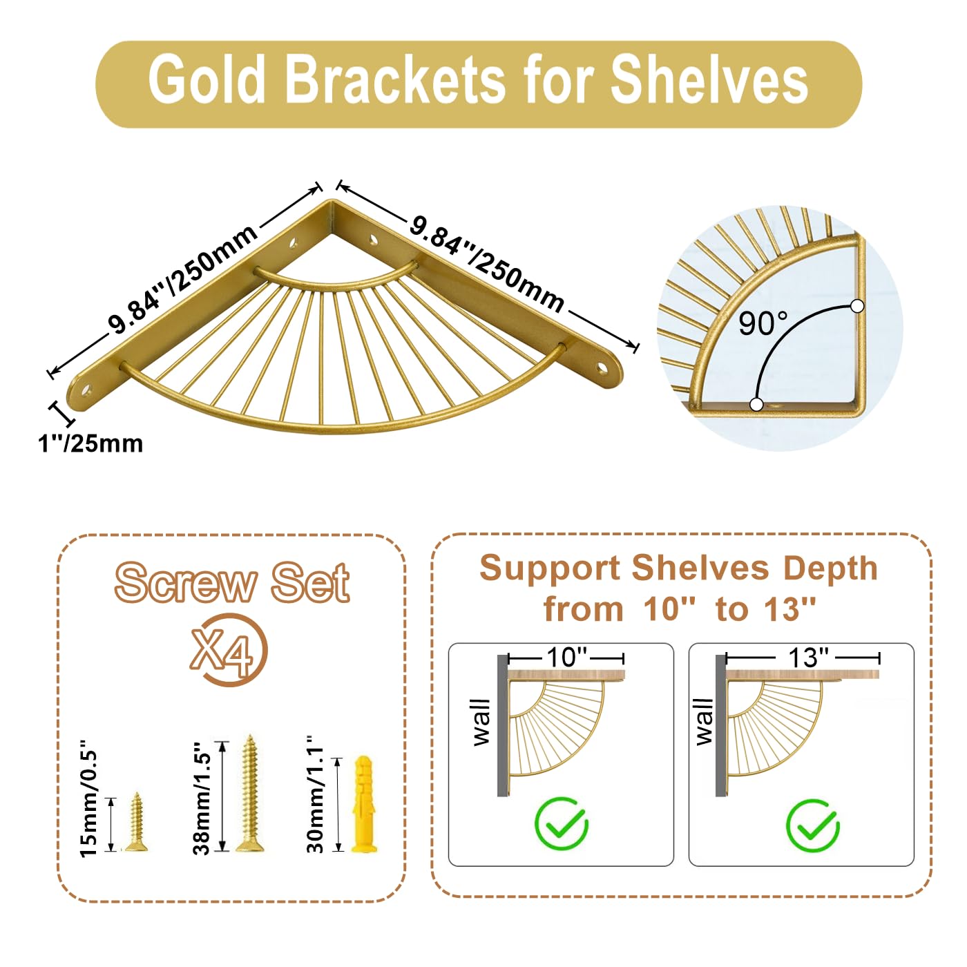 Z Metnal Mid Century Modern Shelf Brackets - Brushed Gold Floating Shelf Brackets (10 Inch, 2 Pcs) - Heavy Duty Wall Mounted Shelving Supports for DIY Home Decor, Kitchen, Bathroom & Office Organization