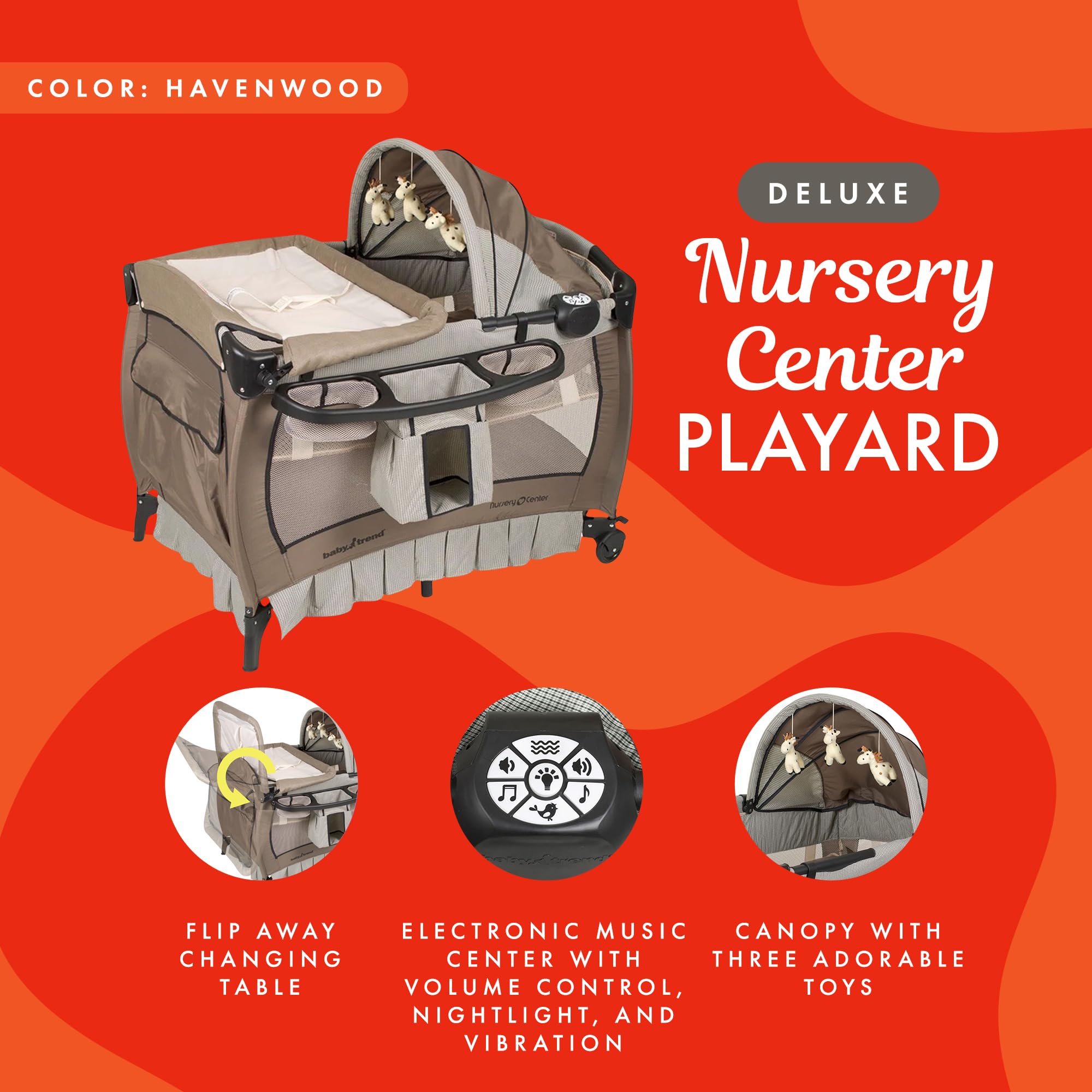 Baby Trend Deluxe Nursery Center® Playard - Portable Playpen with Bassinet & Changing Table, Perfect for Travel & Home Use (Havenwood Design) | Ideal for Newborns, Infants & Toddlers | Safe Sleep Space & Play Area