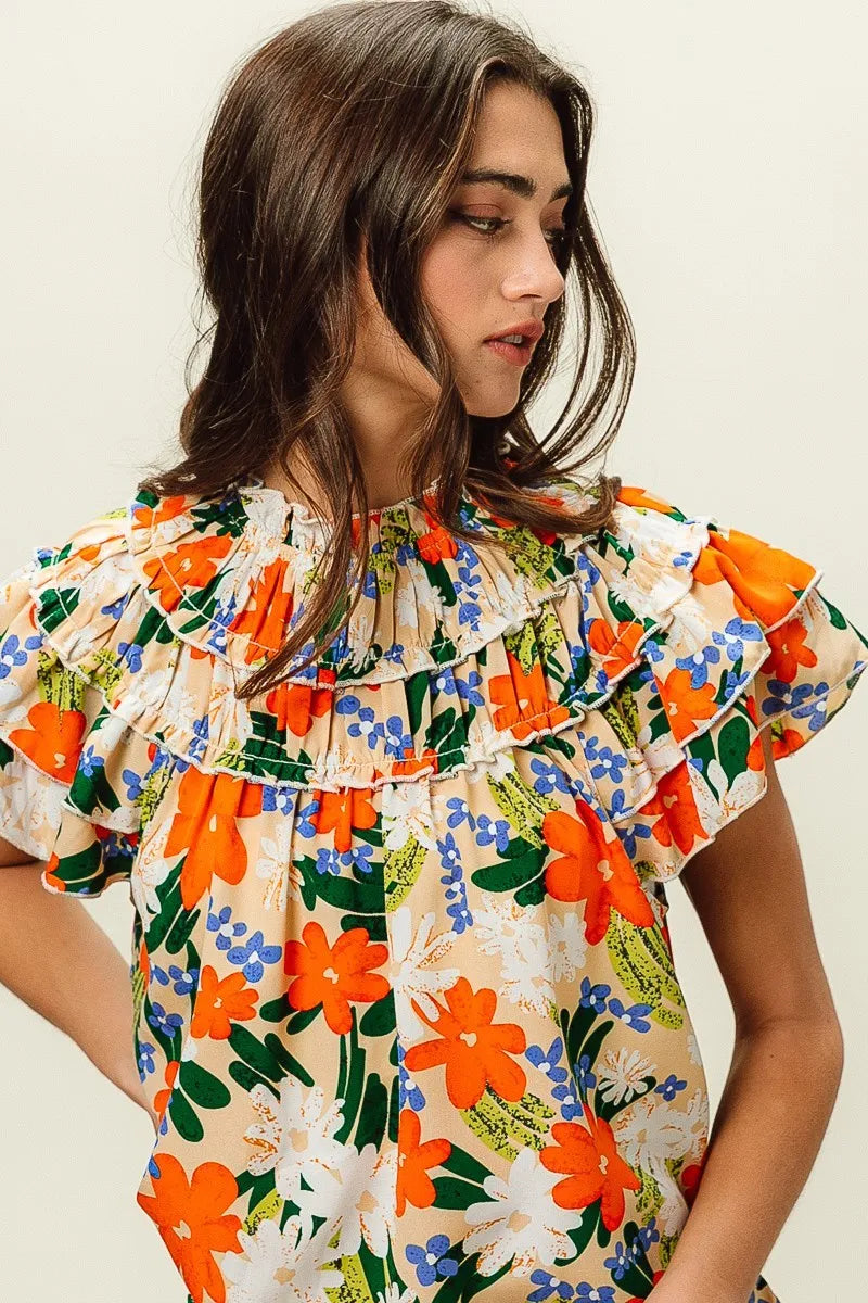 BiBi Women's Floral Print Woven Blouse - Casual Short Sleeve Summer Tops for Beach, Vacation & Everyday Wear