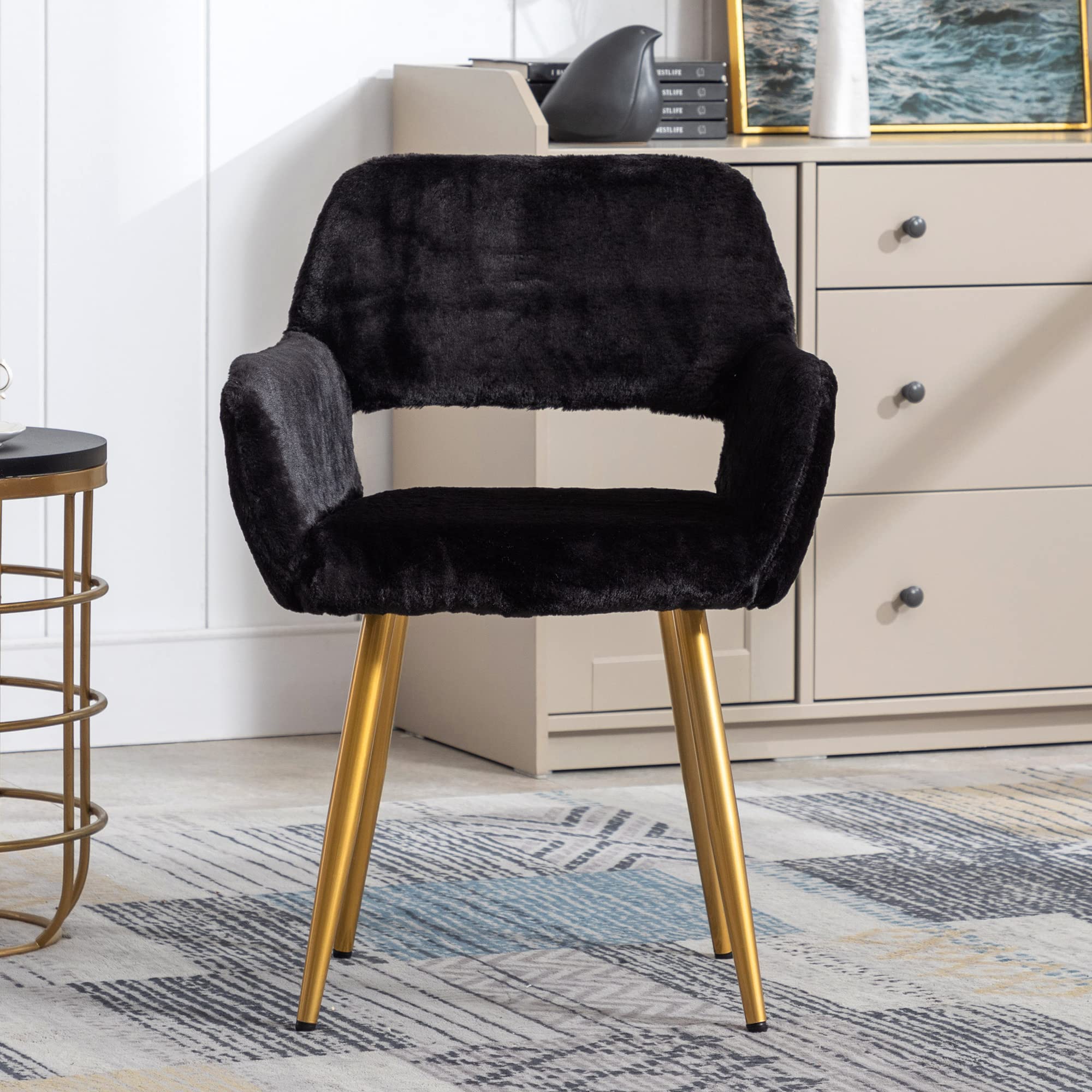 KCC Furry Desk Chair - Mid-Century Modern Faux Fur Accent Chair for Teen Girls & Women, Comfortable Armchair with Wood-Look Metal Legs for Living Room, Dining Room, Home Office, Vanity Makeup Desk - No Wheels, Black - Perfect for Cozy Reading Nooks & Stylish Workspaces