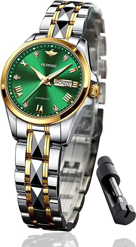 gold and silver band & green dial