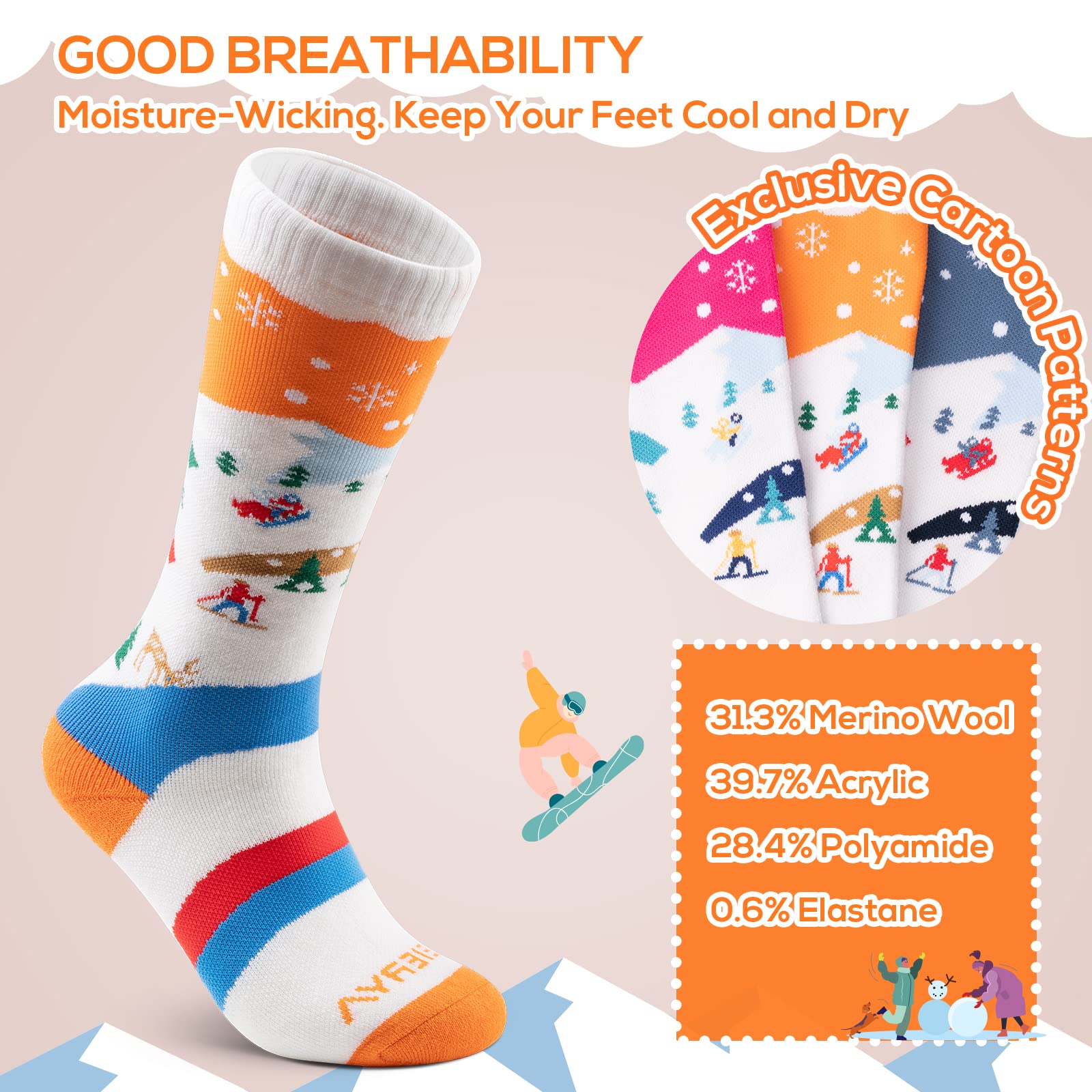 Premium Kids Ski Socks - Warm Merino Wool Knee-High Snow Socks for Boys & Girls - Soft Winter Thermal Socks (1/3 Pairs) - Perfect for Skiing, Snowboarding & Cold Weather Activities