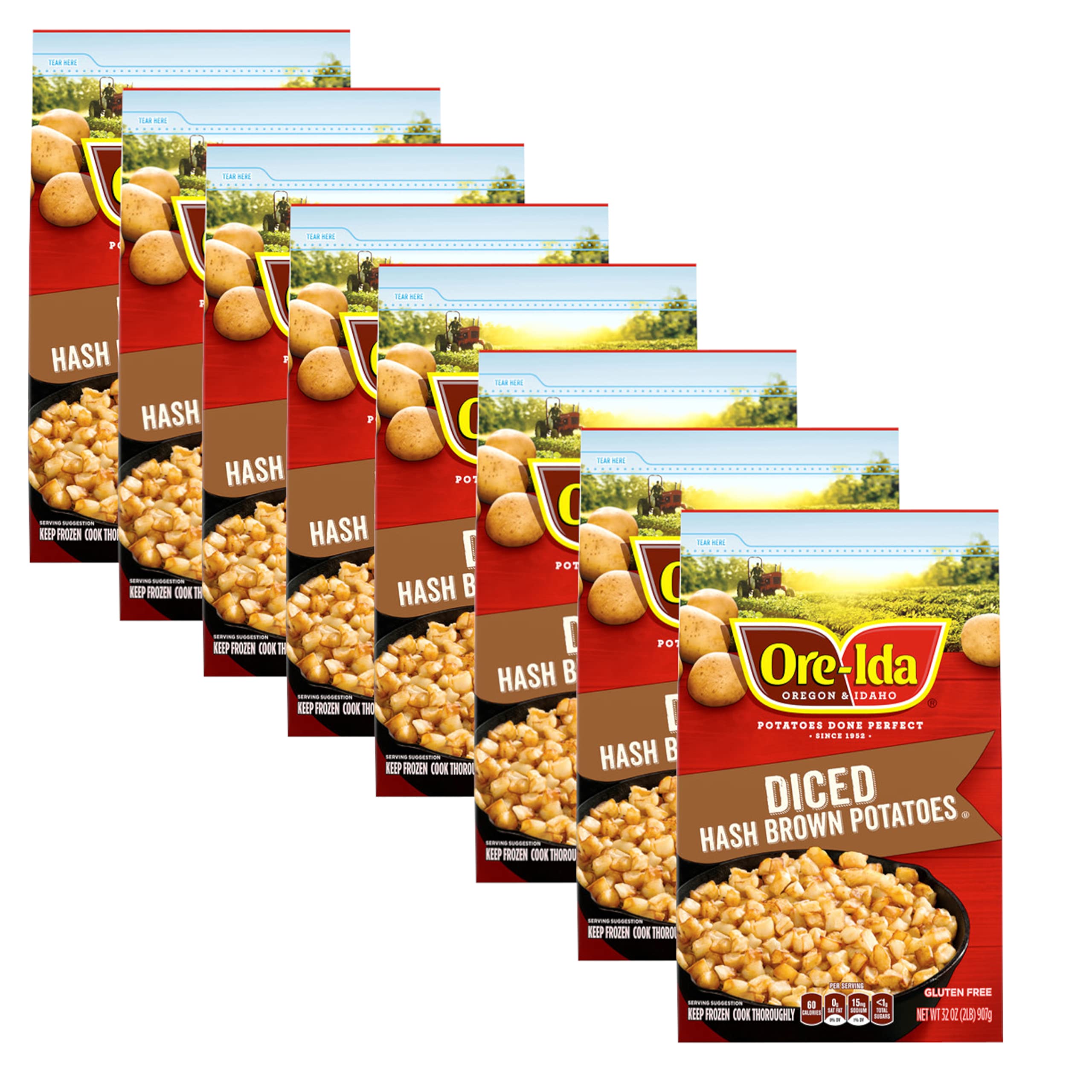 Ore-Ida Diced Hash Brown Potatoes - Gluten Free, Kosher Certified - Crispy Golden Frozen Potatoes - 60 Calories per Serving - 8 Pack (32oz Each) - Perfect for Breakfast, Brunch & Family Meals
