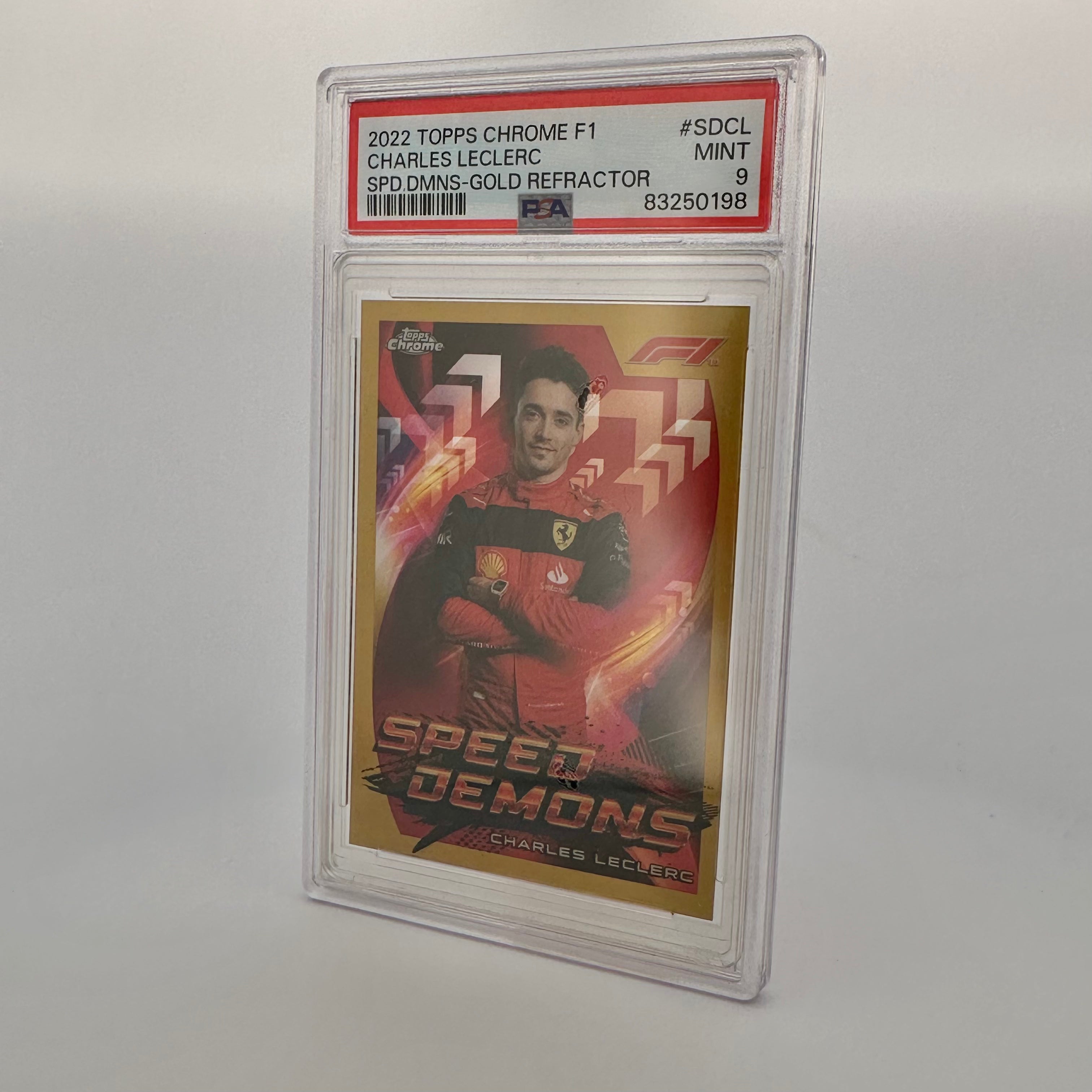 PSA 9 Charles Leclerc #SDCL 34/50 Speed Demons Gold Refractor Trading Card - Rare Collectible for F1 Fans, Sports Memorabilia Display & Investment