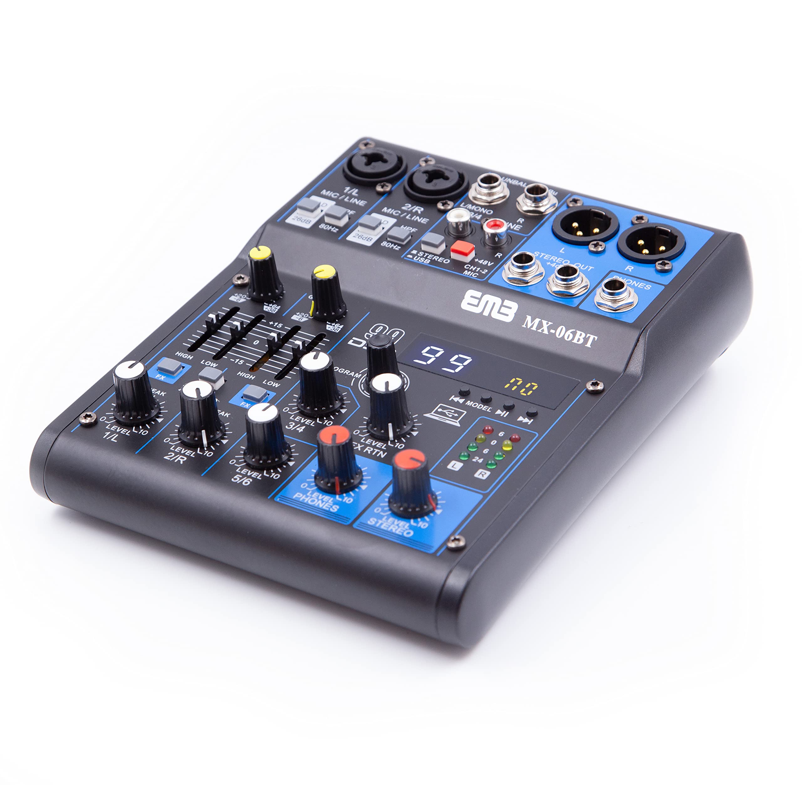 EMB MX06BT 99 DSP 6-Channel Professional Audio Mixer with Bluetooth - Studio & Live Sound Mixing Console for DJs, Bands & Podcasting
