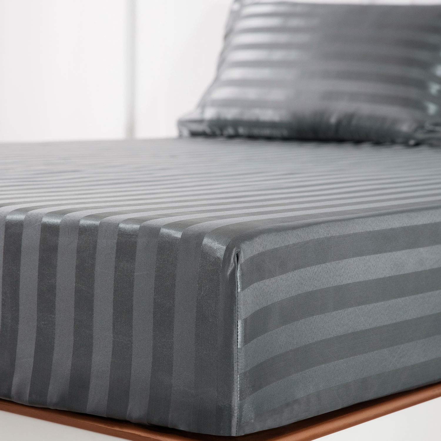 Premium Dark Grey Satin-Silk King Size Bed Sheets Set - Hypoallergenic, Cooling, Wrinkle & Fade Resistant with Deep Pockets - Luxury Striped Bedding for Master Bedroom & Guest Room
